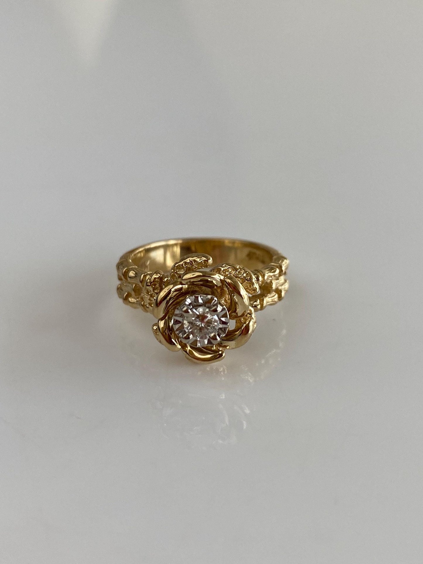 Vintage Solid 14k White & Yellow Gold Diamond Rose Ring - Size 4.5