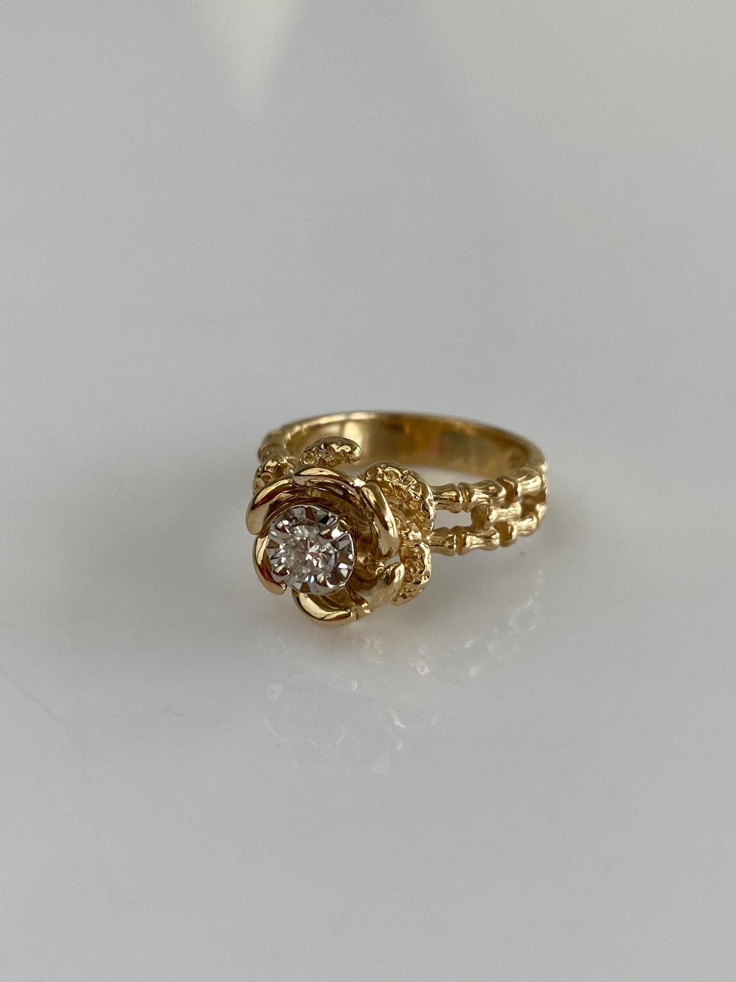 Vintage Solid 14k White & Yellow Gold Diamond Rose Ring - Size 4.5