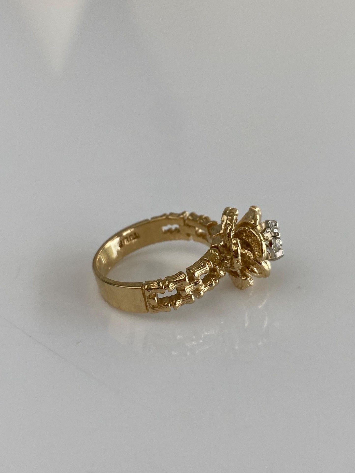 Vintage Solid 14k White & Yellow Gold Diamond Rose Ring - Size 4.5