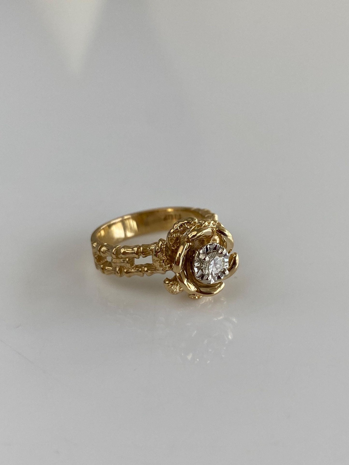 Vintage Solid 14k White & Yellow Gold Diamond Rose Ring - Size 4.5