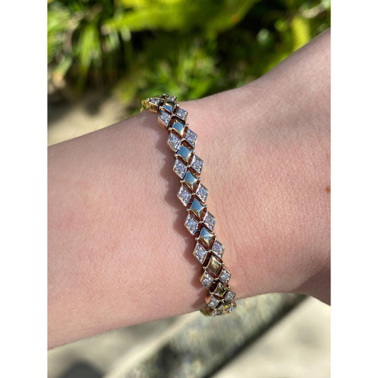 Solid 14k Yellow Gold Diamond Diamond Pattern Link Bracelet - 7 inches