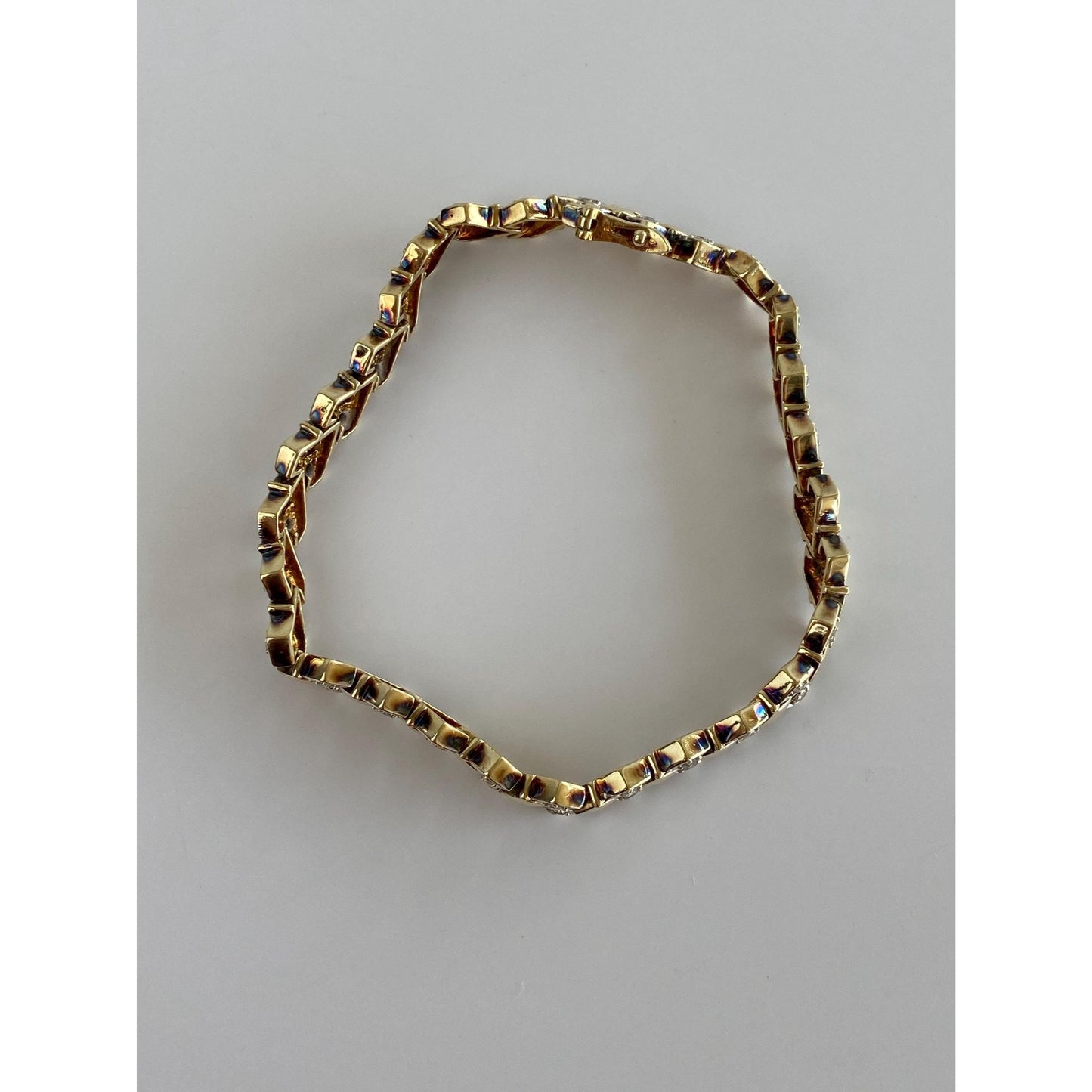 Solid 14k Yellow Gold Diamond Diamond Pattern Link Bracelet - 7 inches