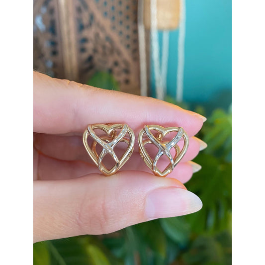 Vintage Solid 10k White & Yellow Gold Diamond Cut Heart Hoop Earrings