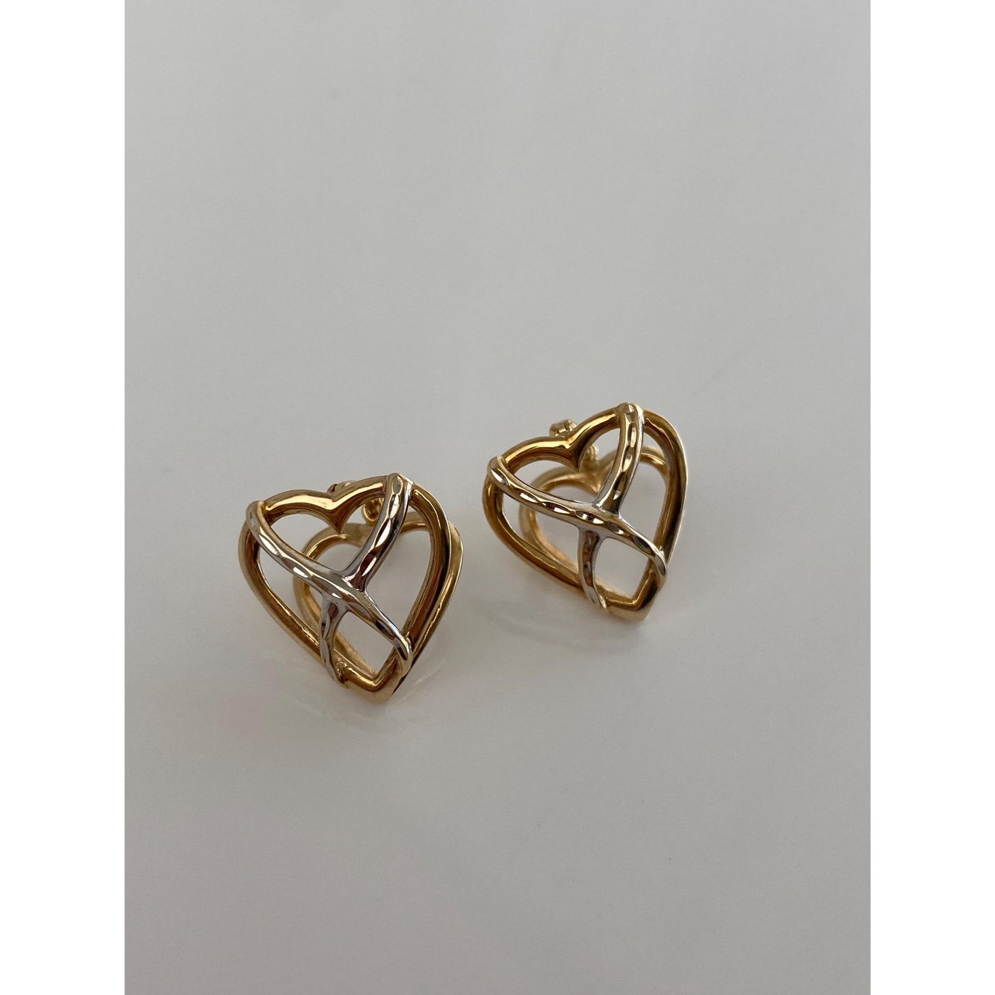 Vintage Solid 10k White & Yellow Gold Diamond Cut Heart Hoop Earrings