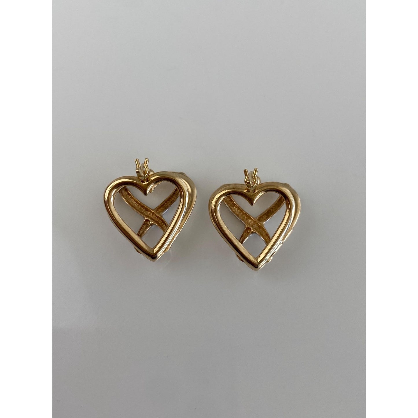 Vintage Solid 10k White & Yellow Gold Diamond Cut Heart Hoop Earrings