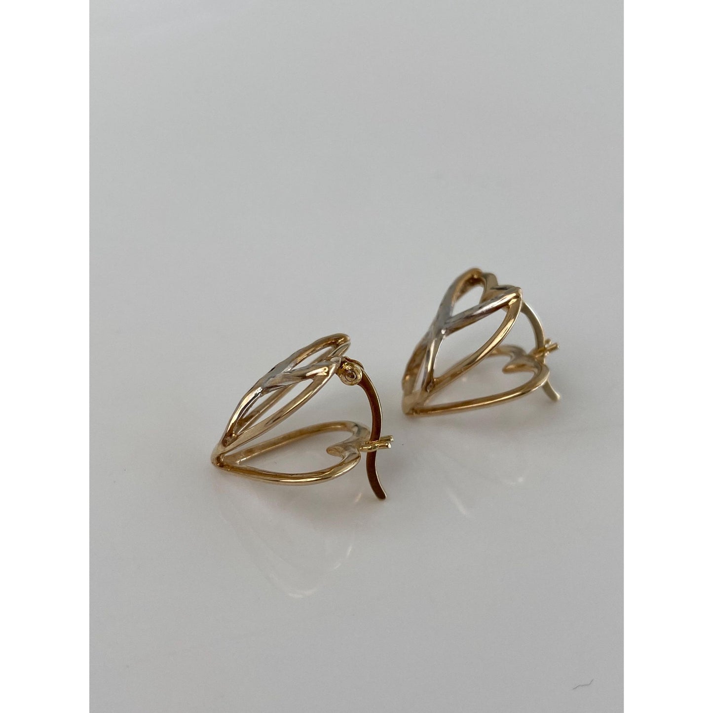 Vintage Solid 10k White & Yellow Gold Diamond Cut Heart Hoop Earrings