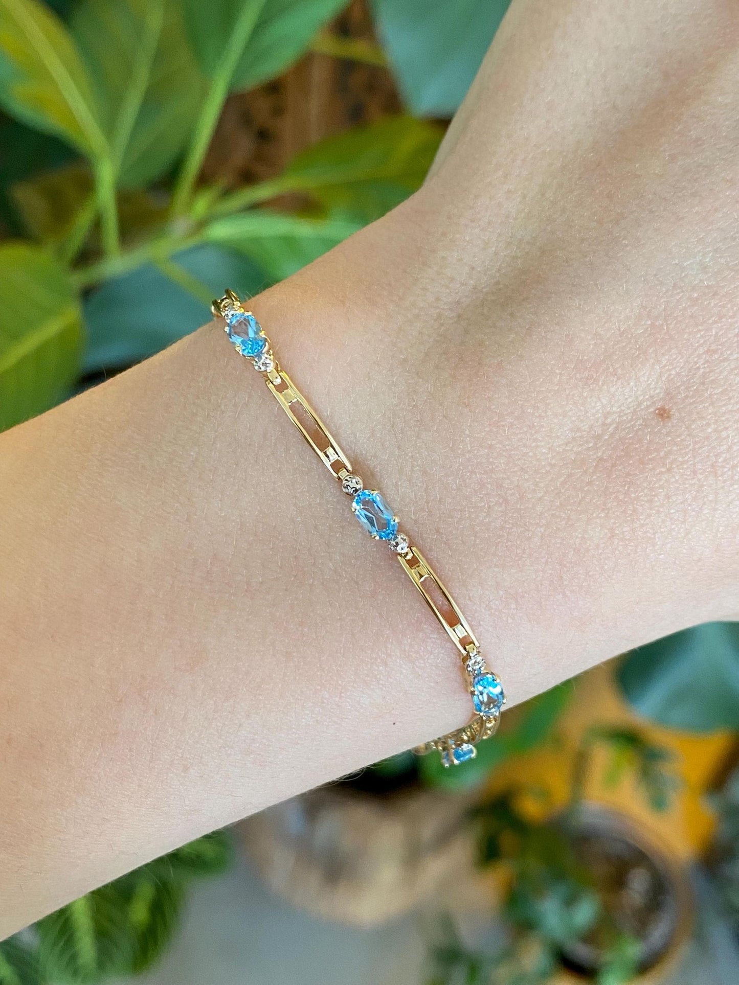 Vintage Solid 14k White & Yellow Gold Topaz Link Bracelet - 7 inches
