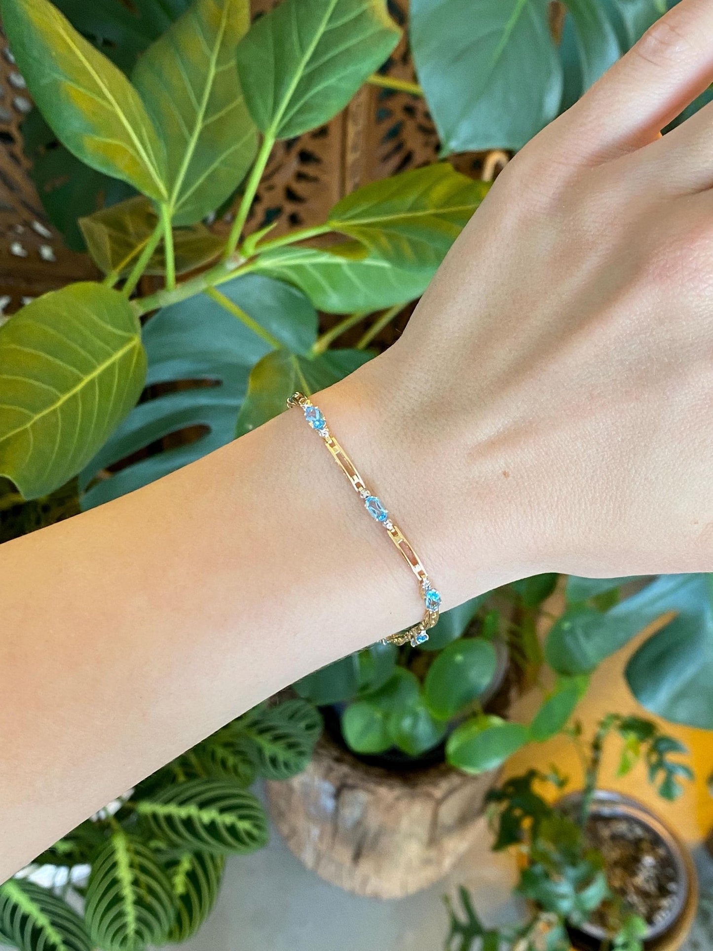 Vintage Solid 14k White & Yellow Gold Topaz Link Bracelet - 7 inches