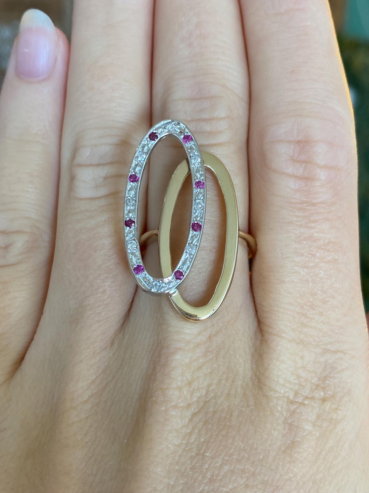 Vintage Solid 14k White & Yellow Gold Diamond Ruby Ovals Ring - Size 7.25