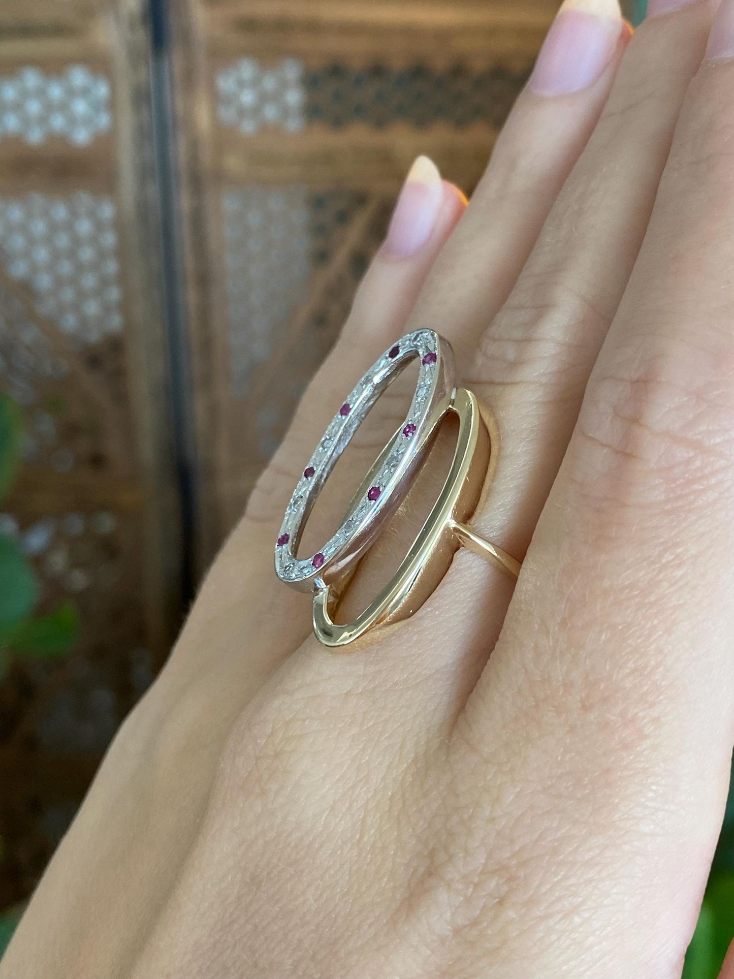 Vintage Solid 14k White & Yellow Gold Diamond Ruby Ovals Ring - Size 7.25