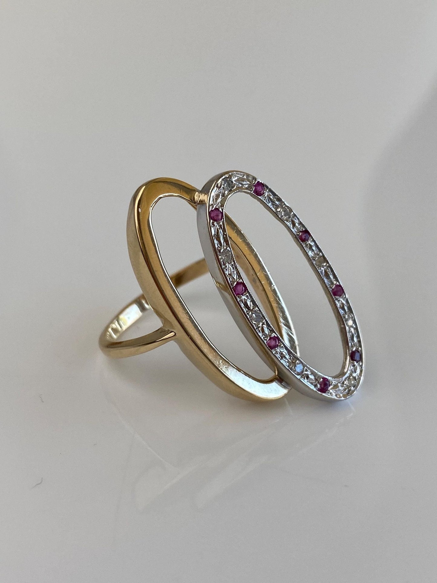 Vintage Solid 14k White & Yellow Gold Diamond Ruby Ovals Ring - Size 7.25