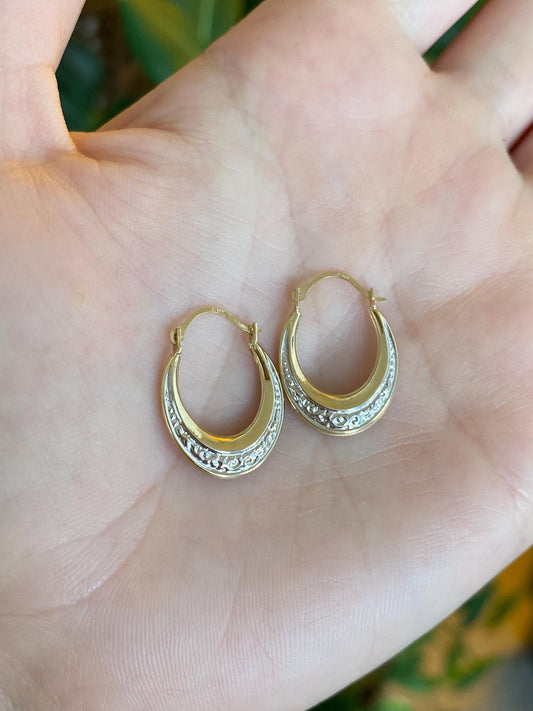 Vintage 14k White & Yellow Gold Design Hoop Earrings