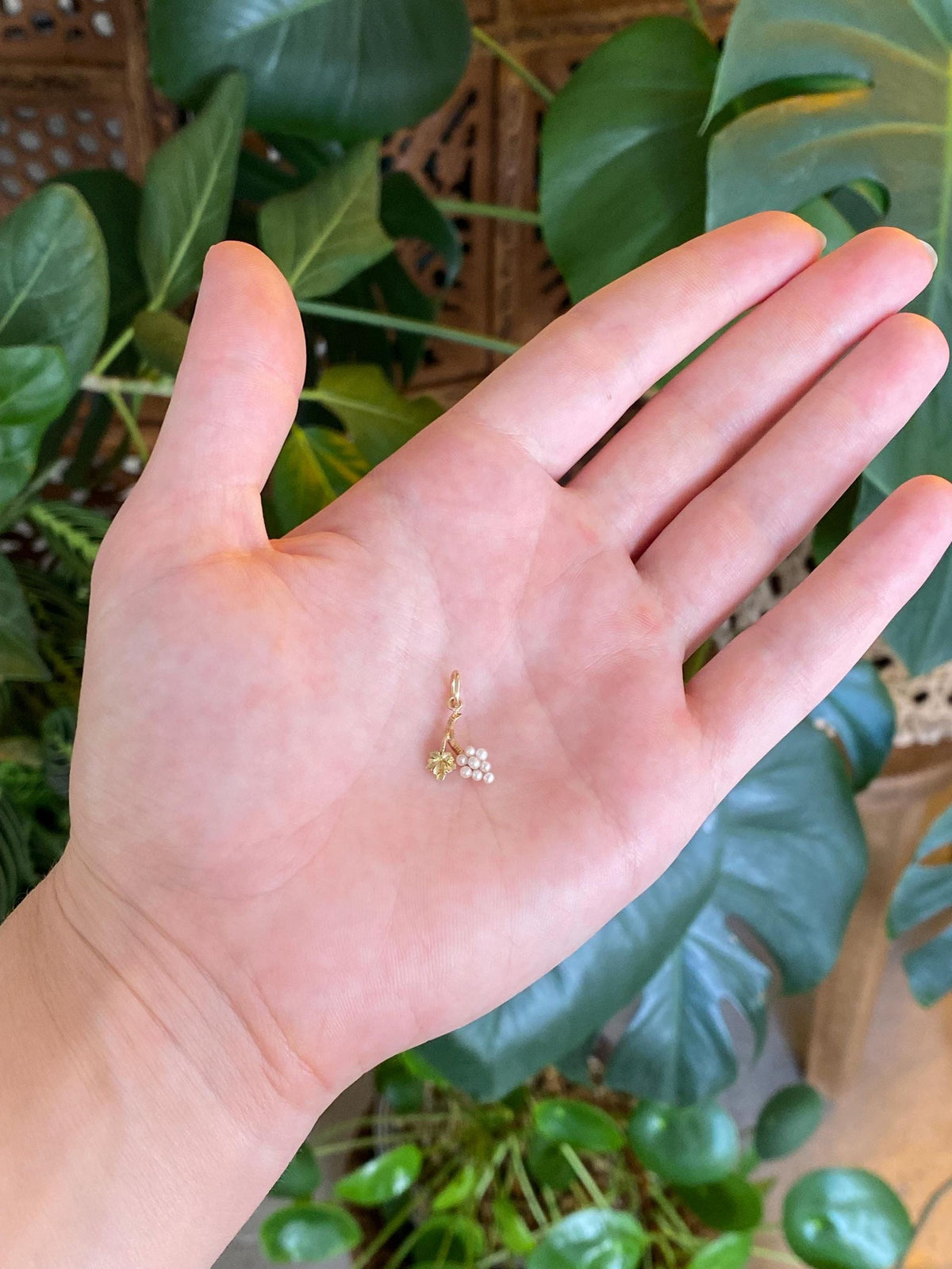 Solid 14k Yellow Gold Seed Pearls Grape Charm
