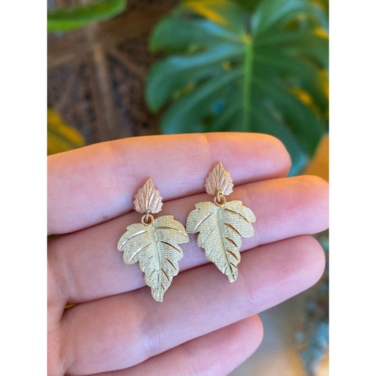 Vintage Solid 10k Black Hills Gold Leaf Dangle Stud Earrings