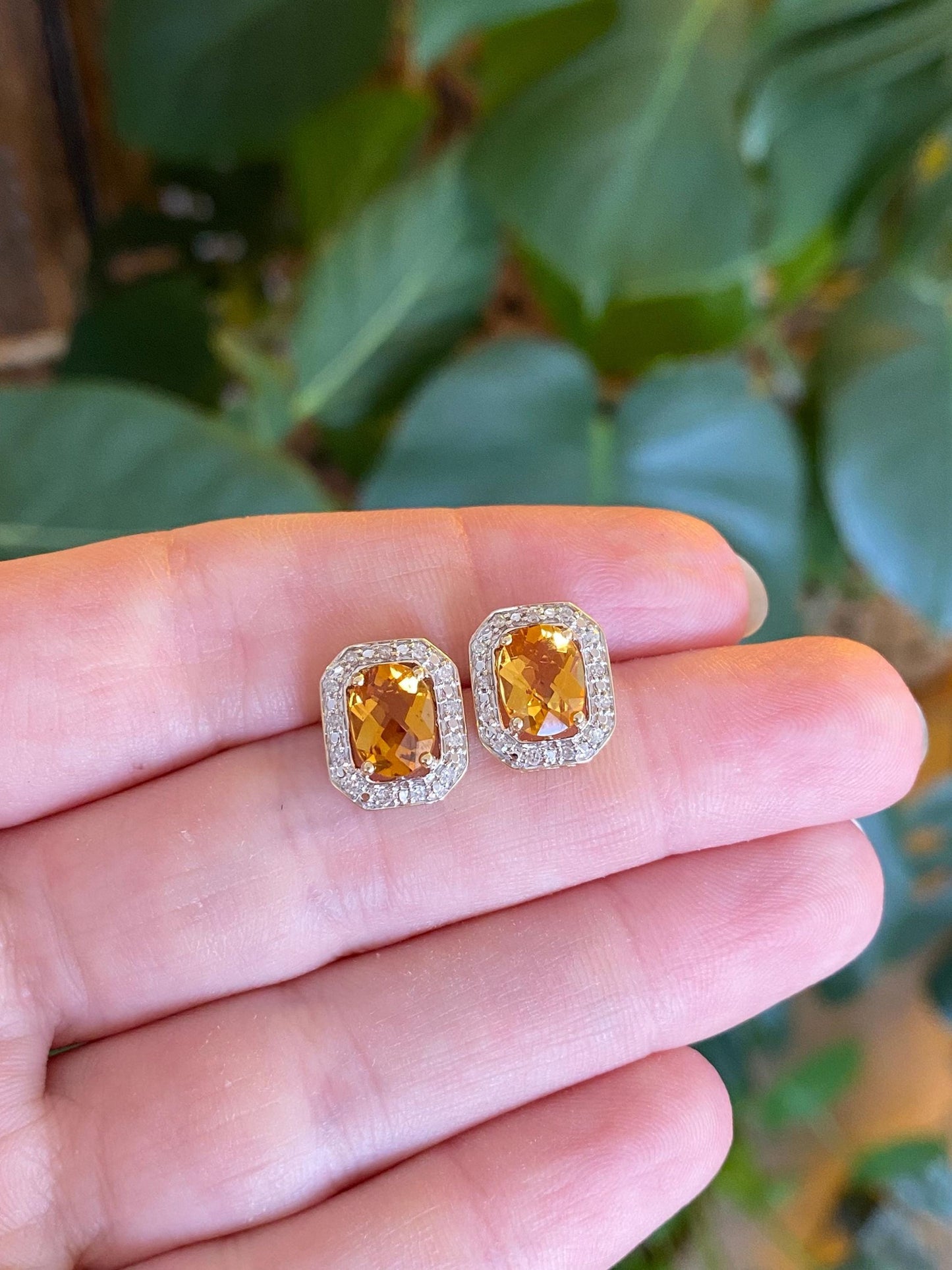Solid 10k White & Yellow Gold Diamond Halo Citrine Stud Earrings