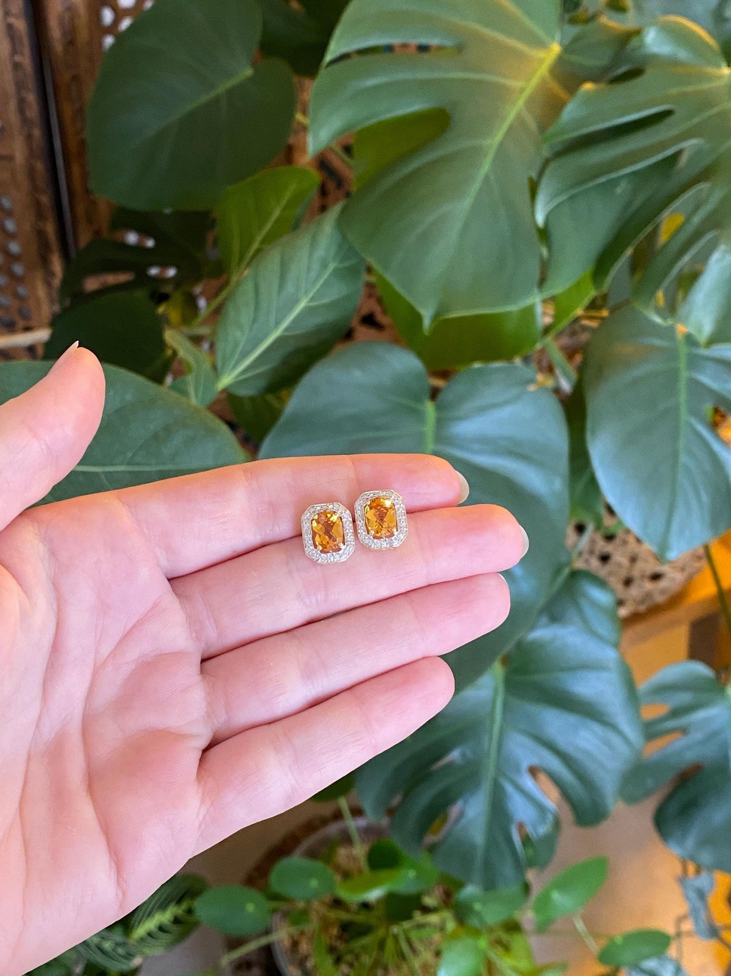 Solid 10k White & Yellow Gold Diamond Halo Citrine Stud Earrings