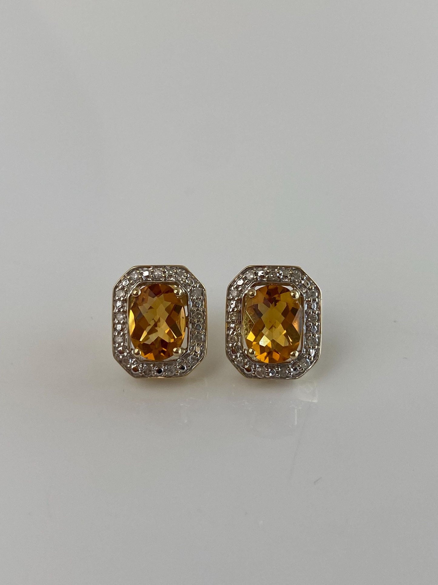 Solid 10k White & Yellow Gold Diamond Halo Citrine Stud Earrings