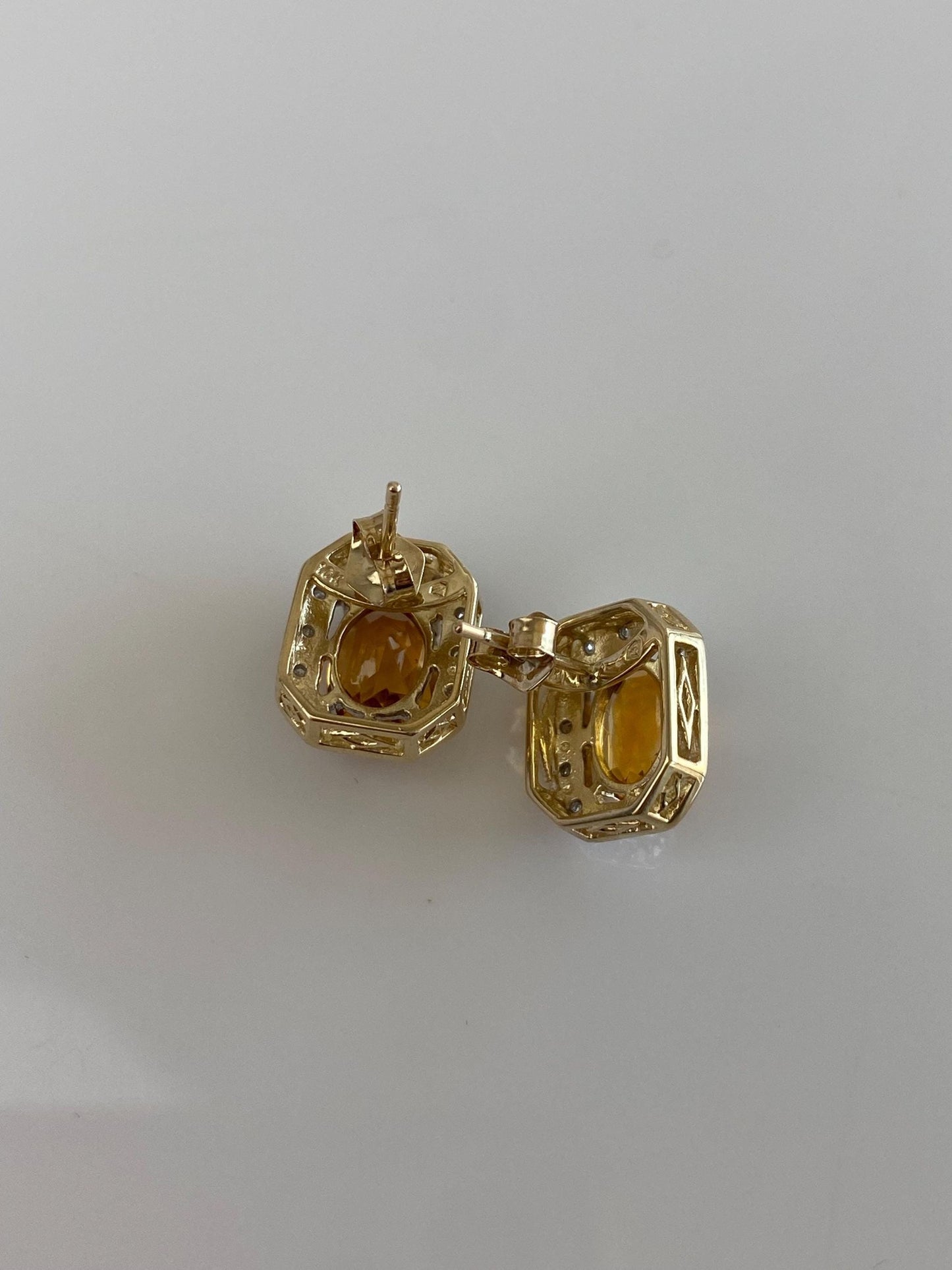 Solid 10k White & Yellow Gold Diamond Halo Citrine Stud Earrings