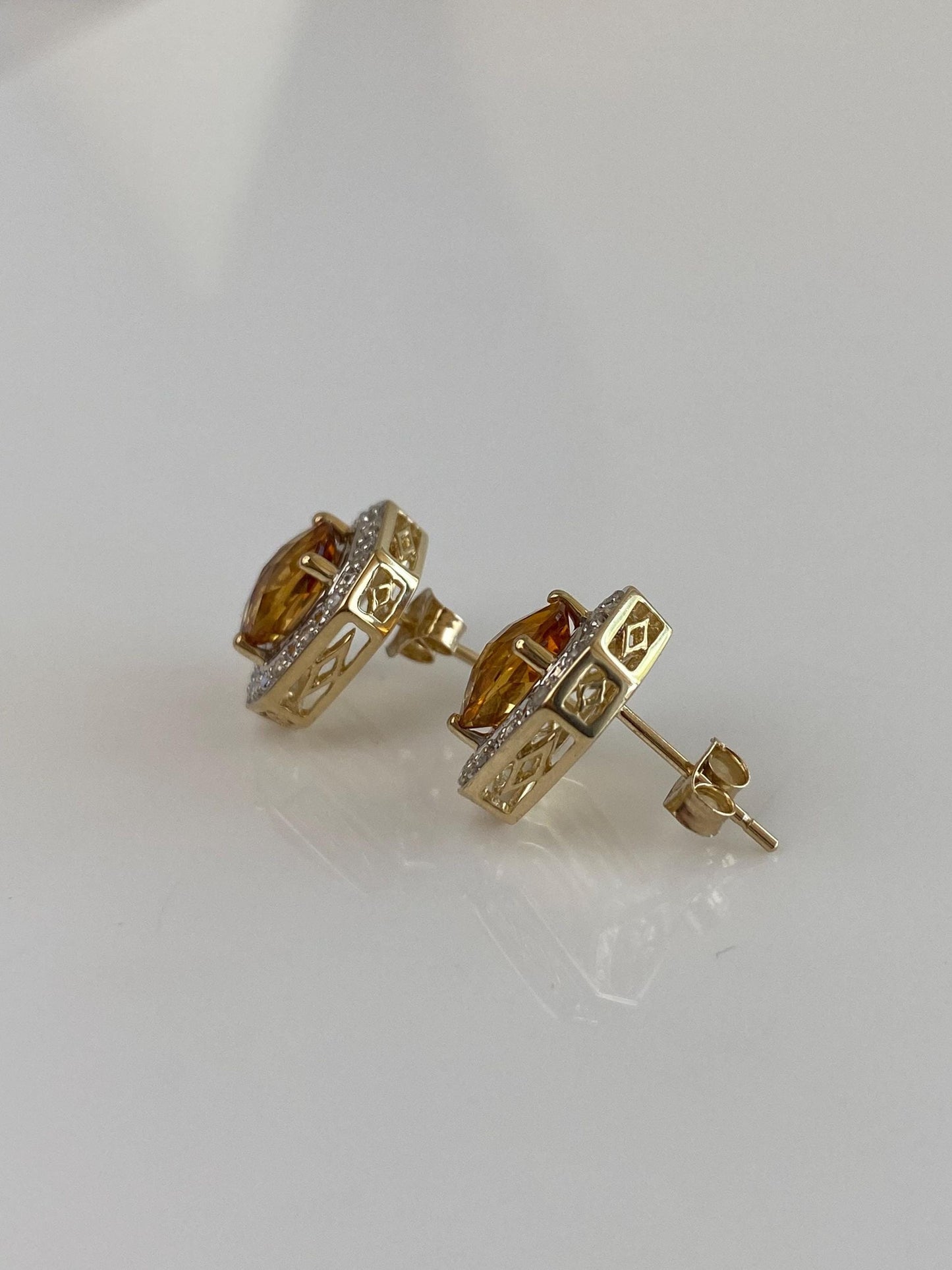 Solid 10k White & Yellow Gold Diamond Halo Citrine Stud Earrings