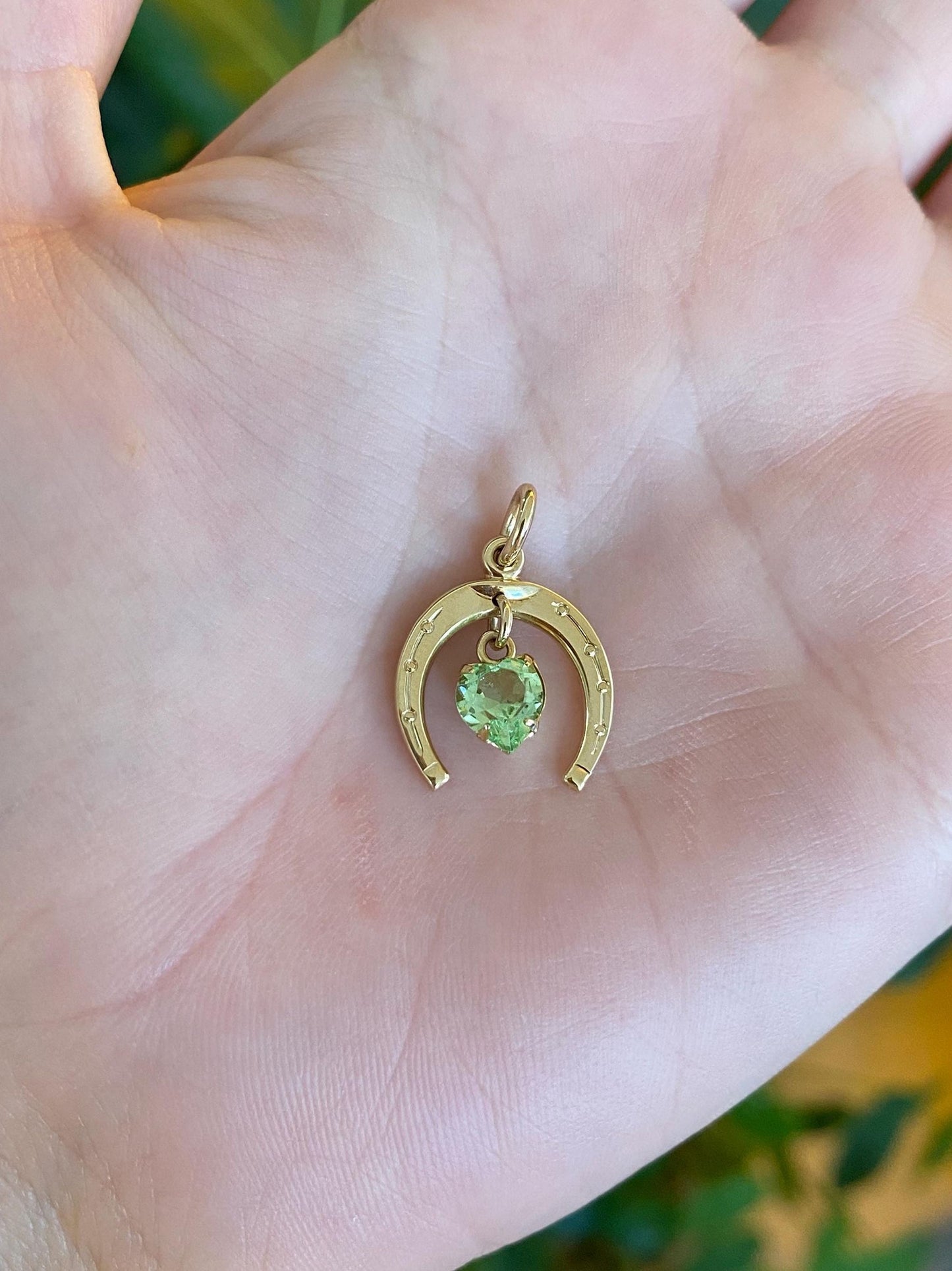 Vintage Solid 14k Yellow Gold Light Green Cubic Zirconia Heart Horseshoe Charm
