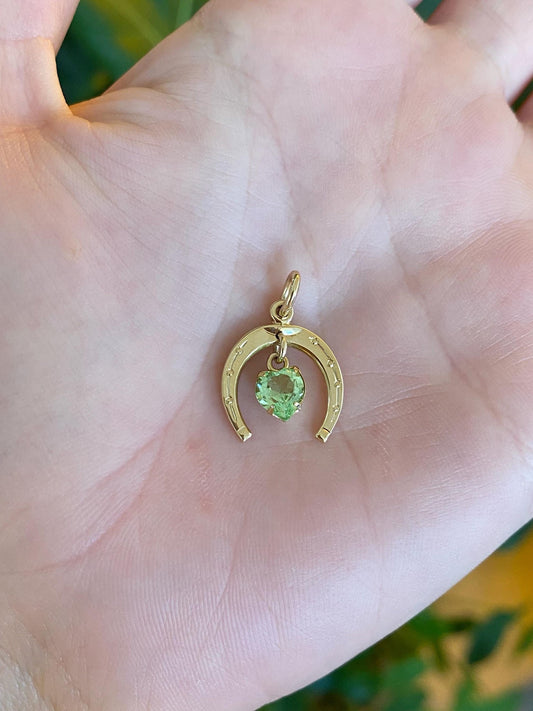 Vintage Solid 14k Yellow Gold Light Green Cubic Zirconia Heart Horseshoe Charm