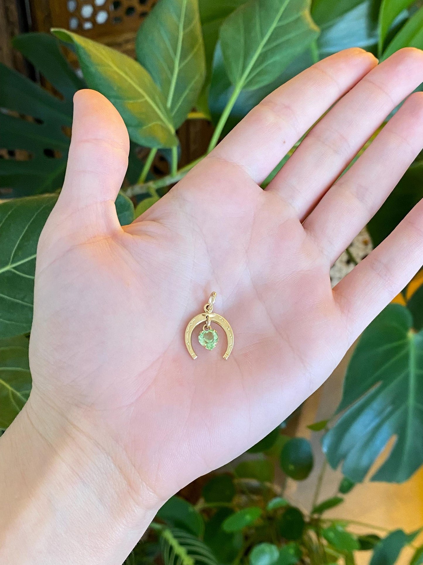 Vintage Solid 14k Yellow Gold Light Green Cubic Zirconia Heart Horseshoe Charm