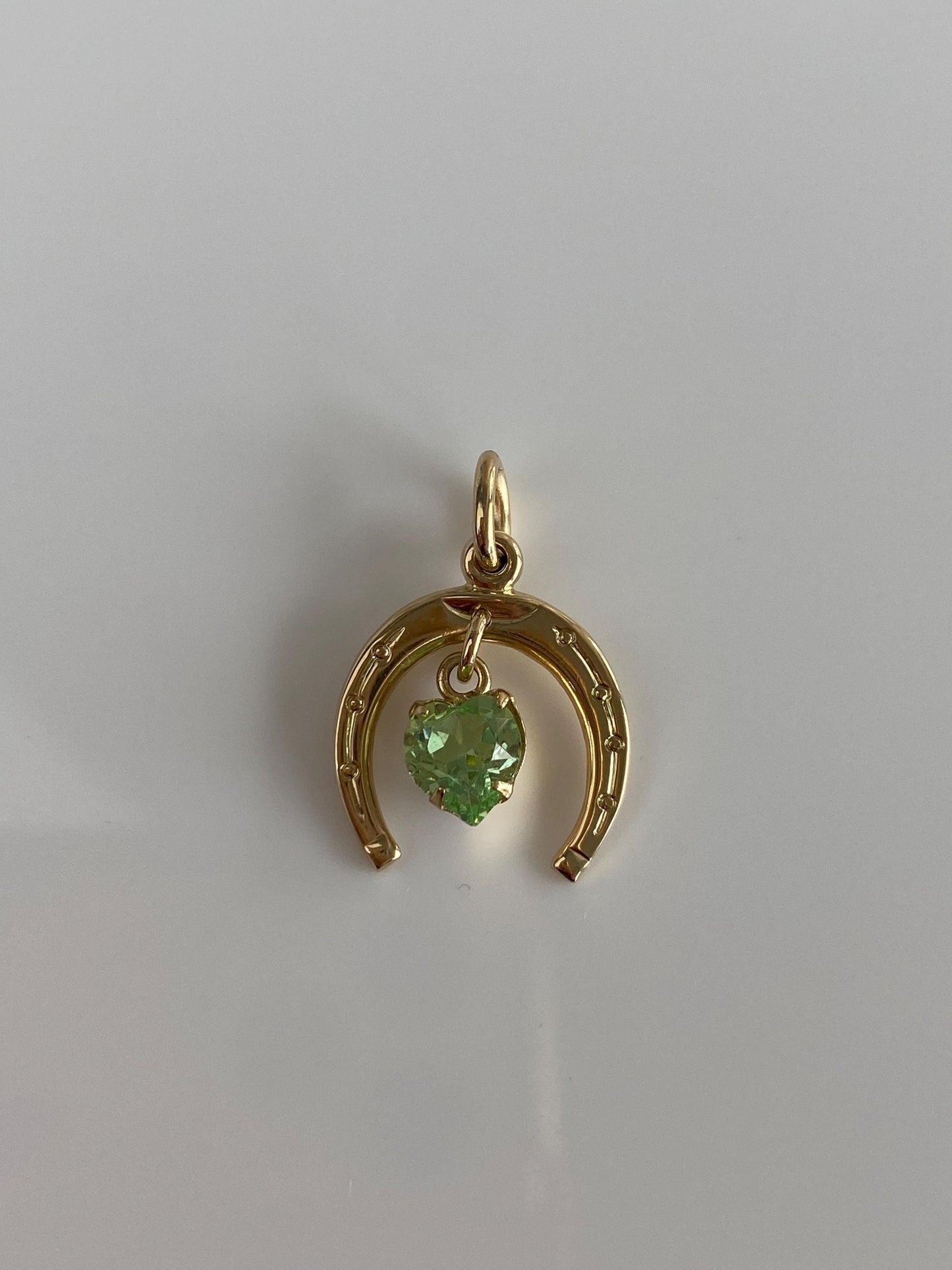 Vintage Solid 14k Yellow Gold Light Green Cubic Zirconia Heart Horseshoe Charm