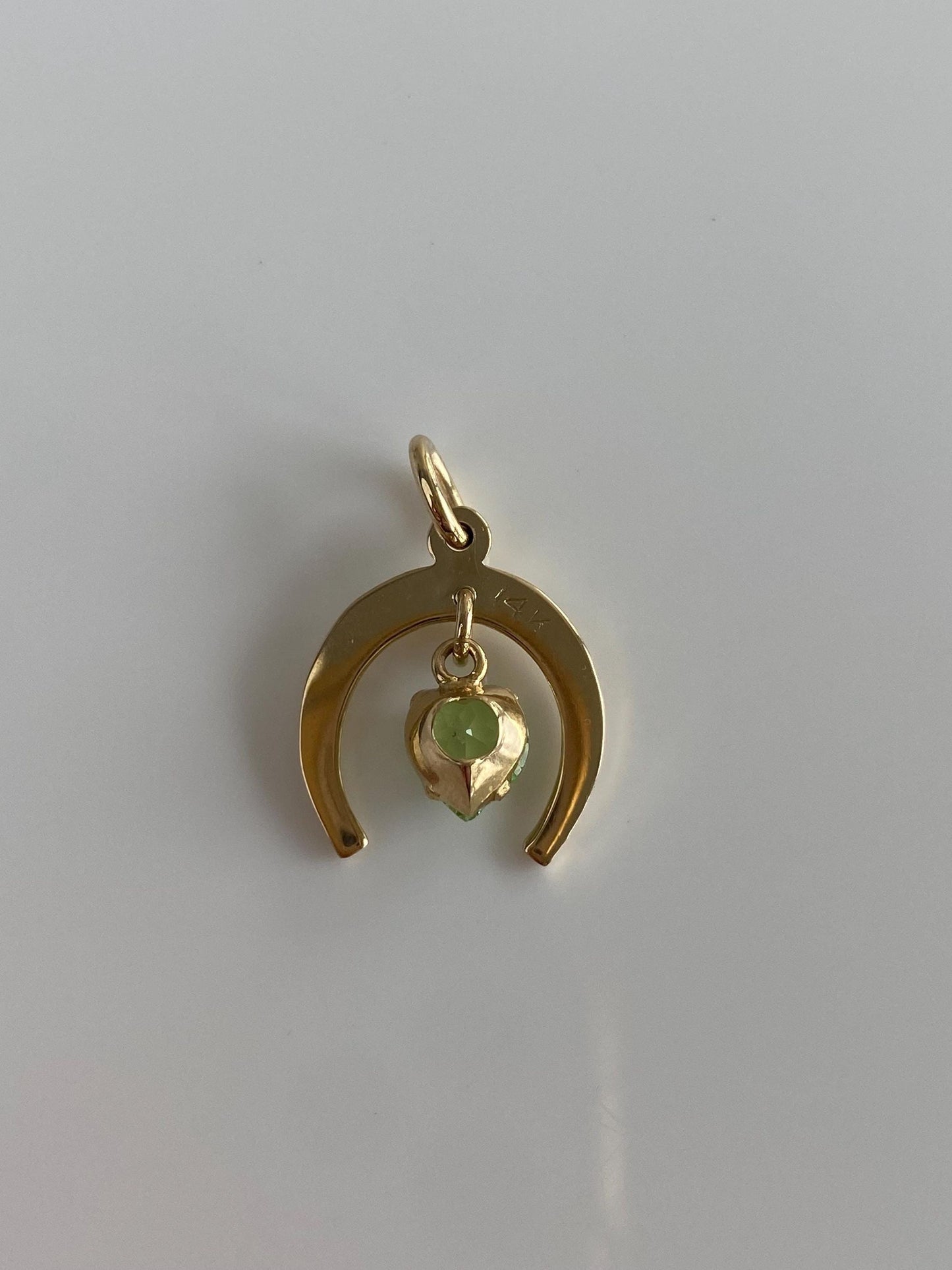 Vintage Solid 14k Yellow Gold Light Green Cubic Zirconia Heart Horseshoe Charm