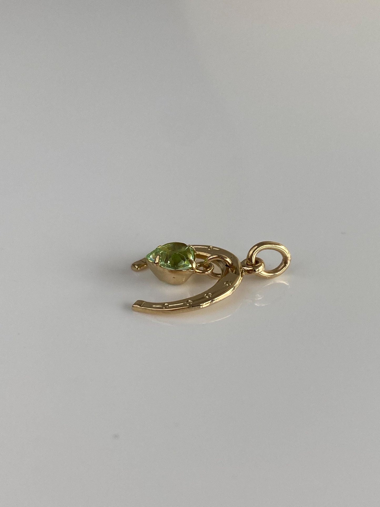 Vintage Solid 14k Yellow Gold Light Green Cubic Zirconia Heart Horseshoe Charm
