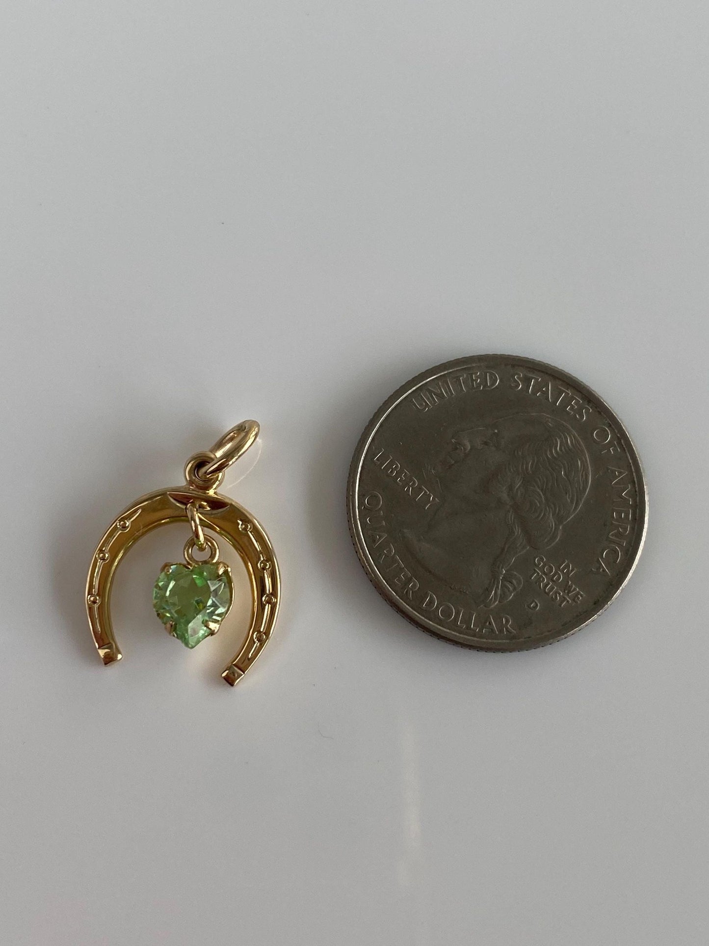 Vintage Solid 14k Yellow Gold Light Green Cubic Zirconia Heart Horseshoe Charm