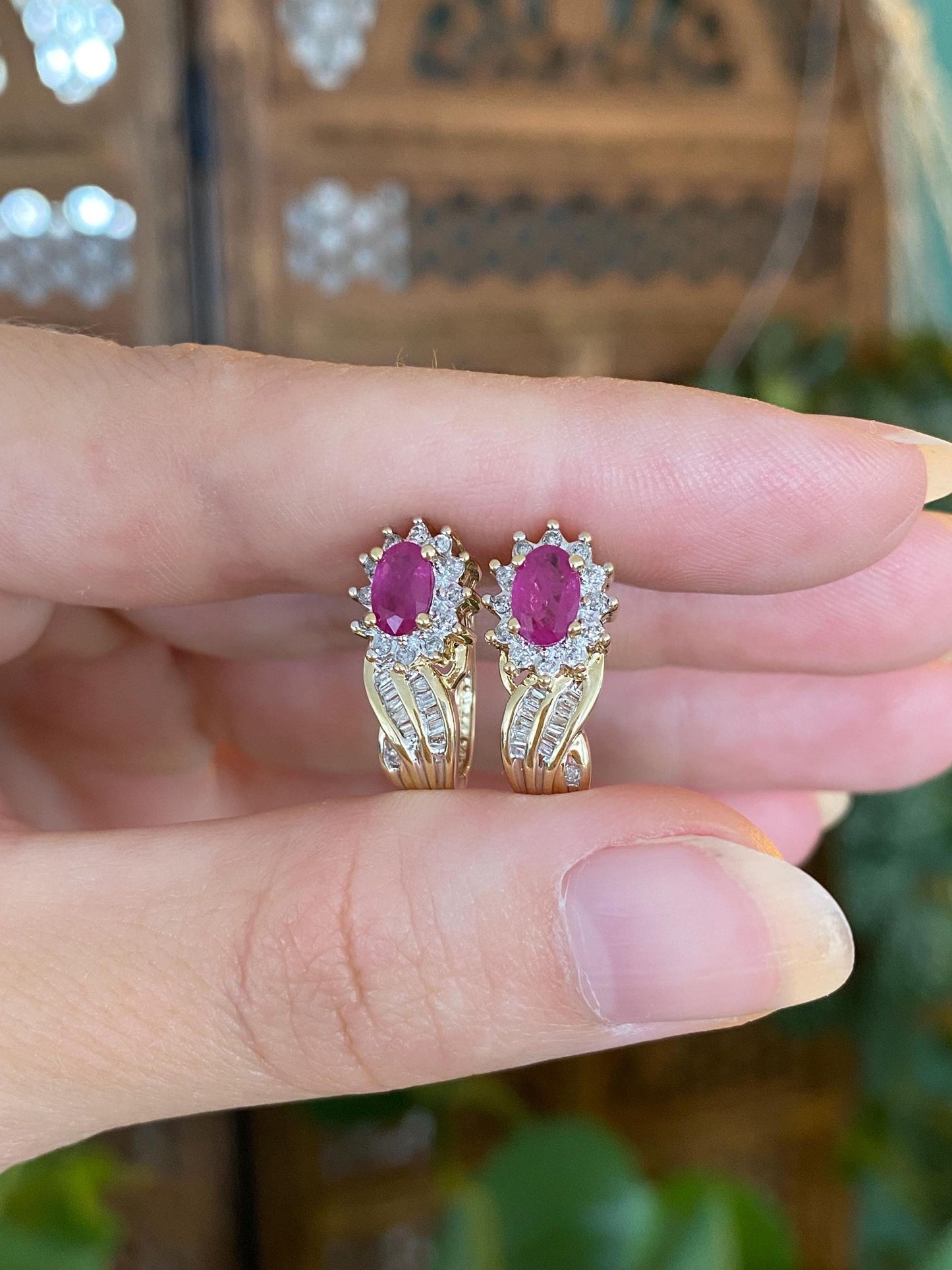 Vintage Solid 10k Yellow Gold Ruby Diamond Halo Drop Earrings