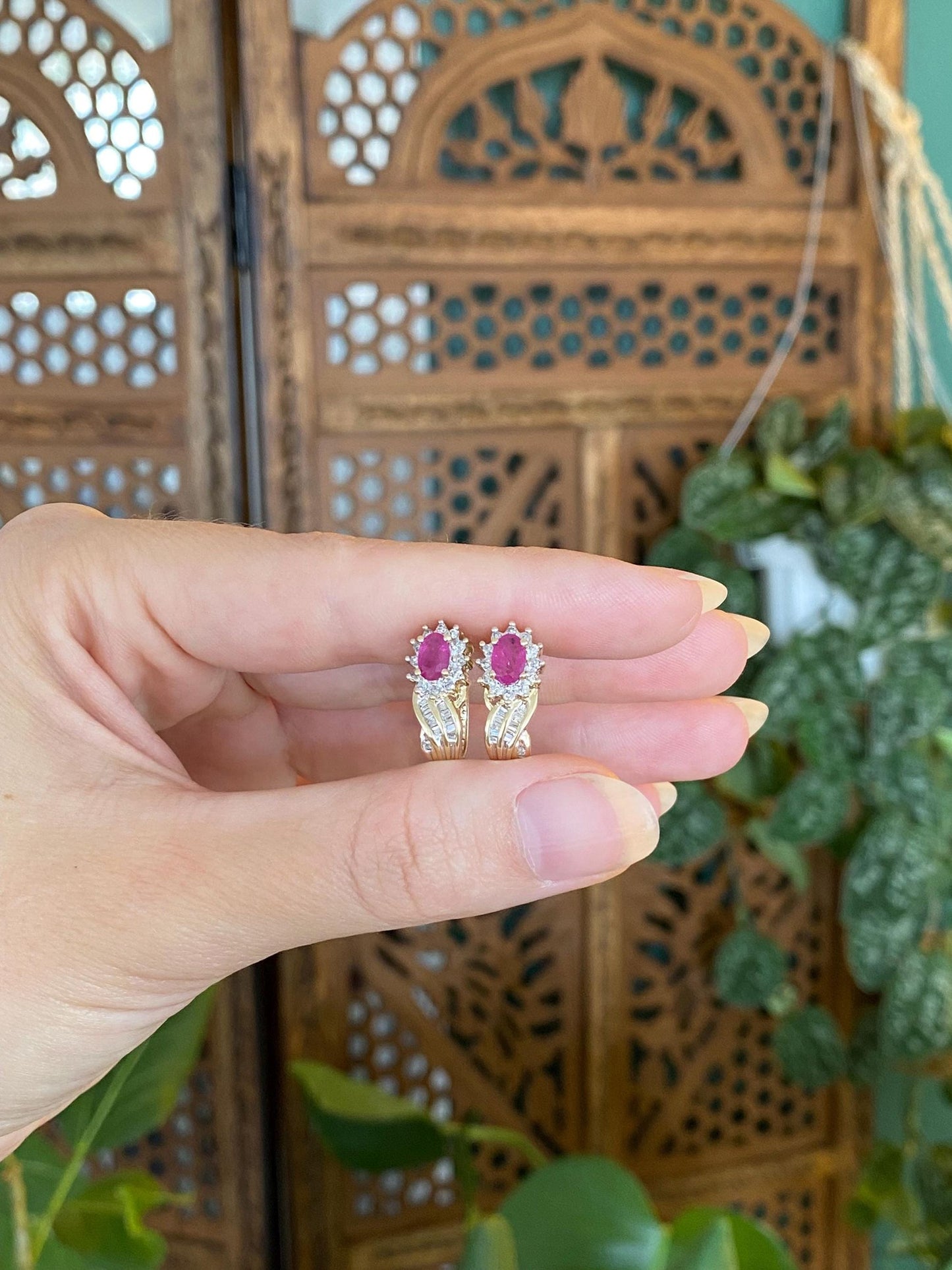 Vintage Solid 10k Yellow Gold Ruby Diamond Halo Drop Earrings