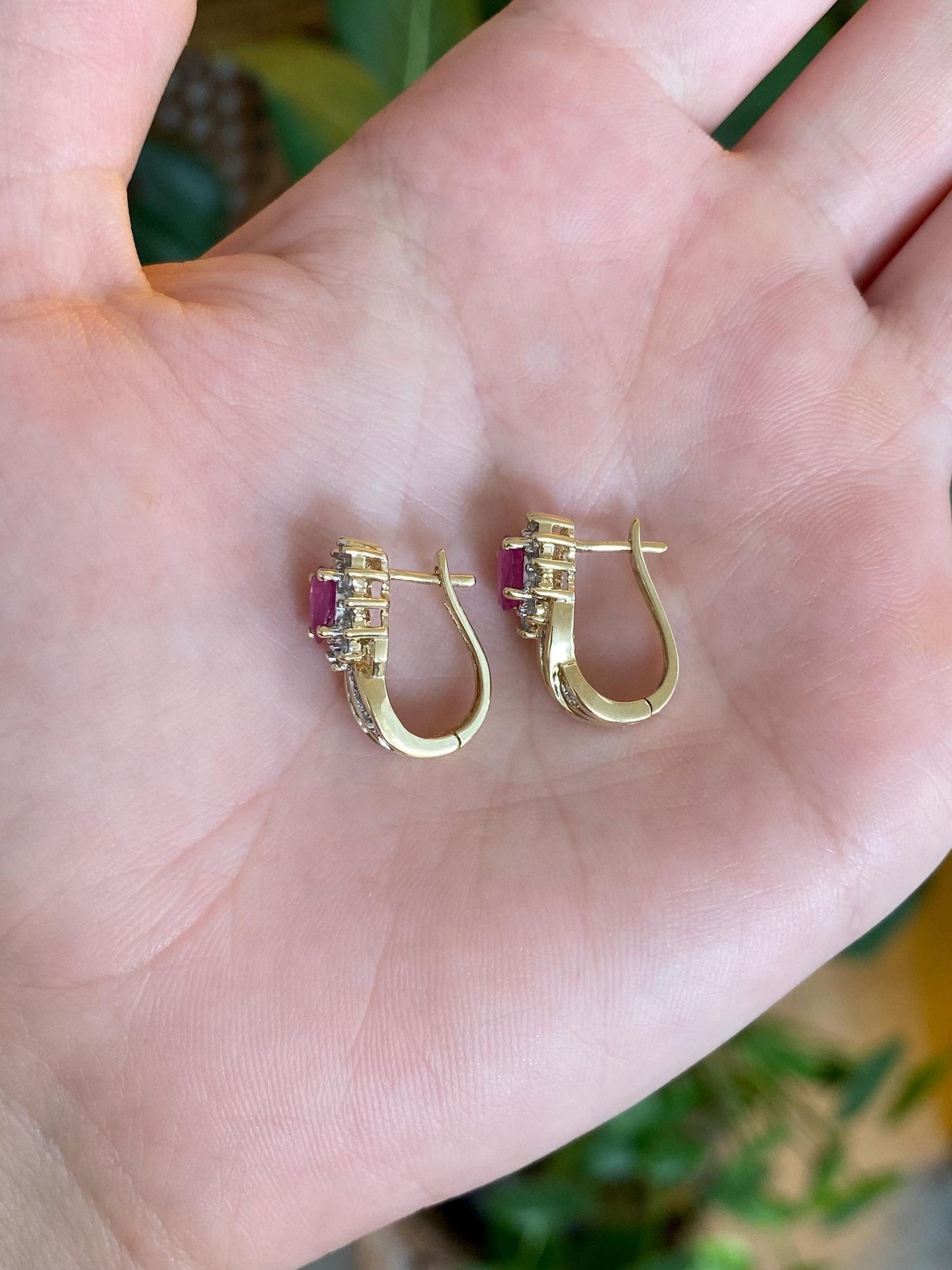 Vintage Solid 10k Yellow Gold Ruby Diamond Halo Drop Earrings