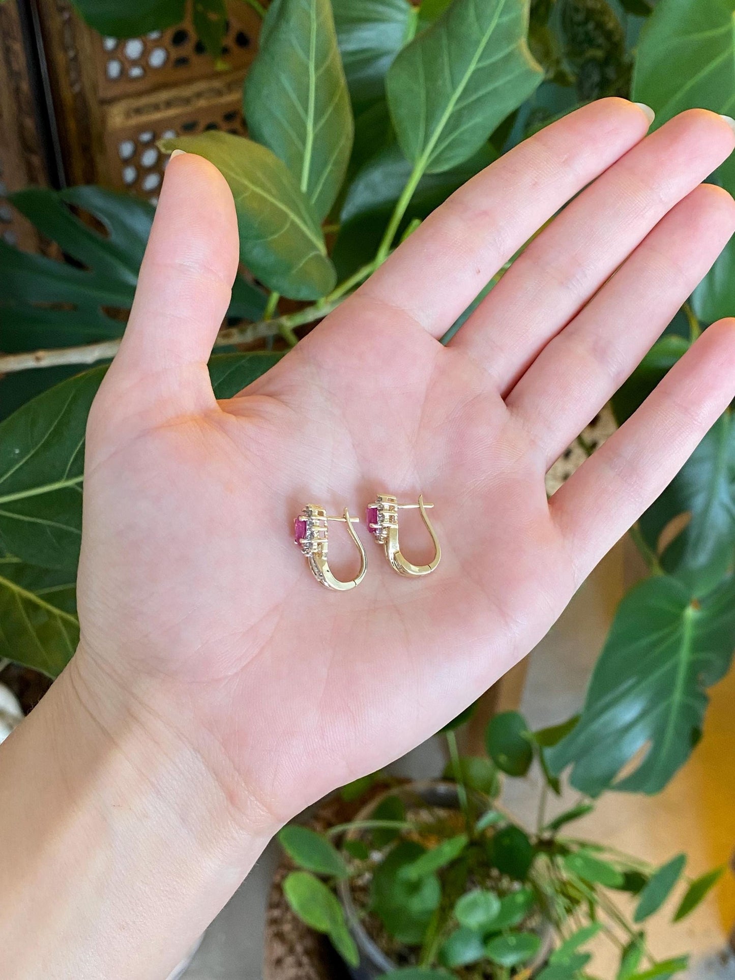 Vintage Solid 10k Yellow Gold Ruby Diamond Halo Drop Earrings