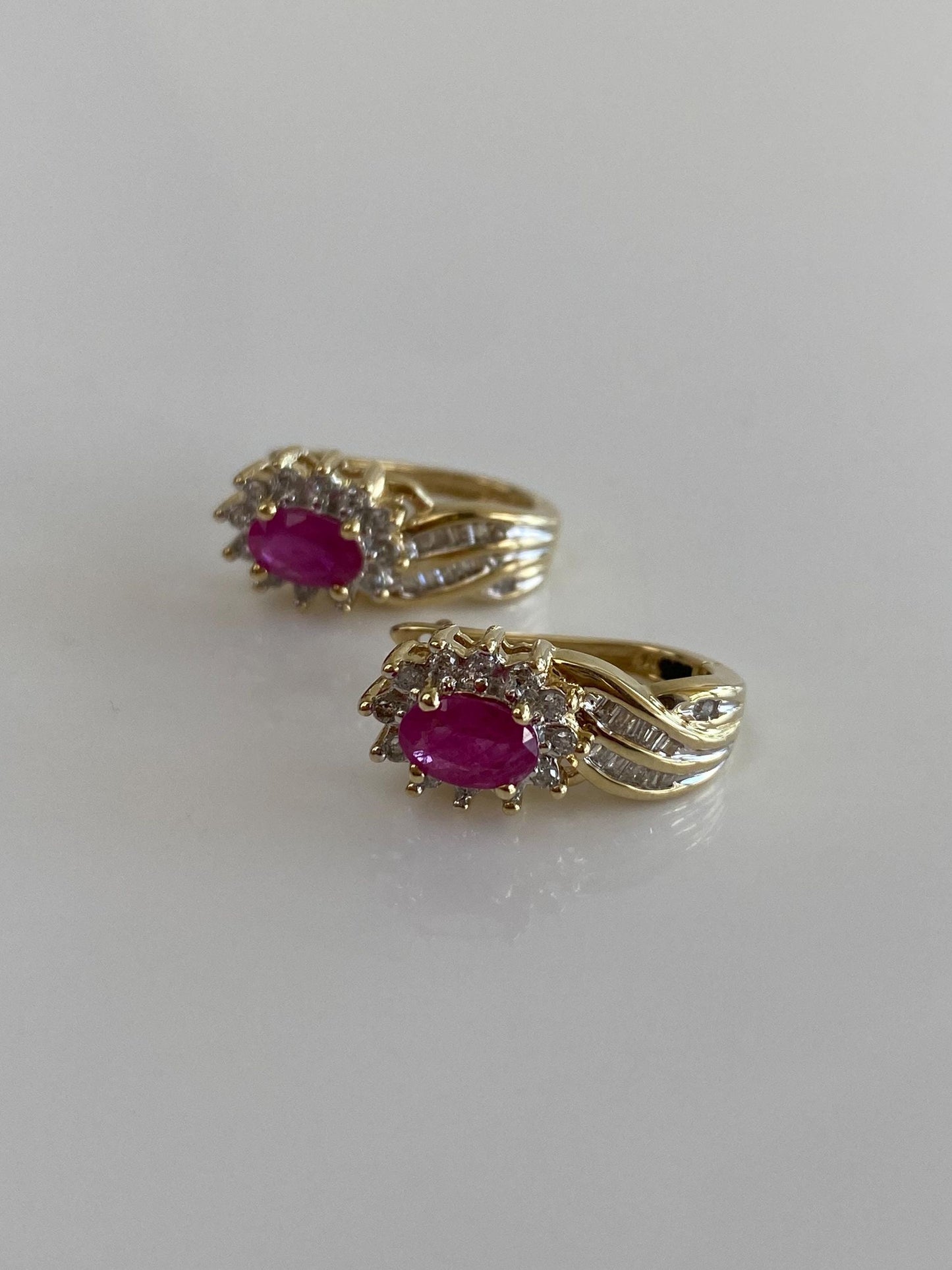 Vintage Solid 10k Yellow Gold Ruby Diamond Halo Drop Earrings