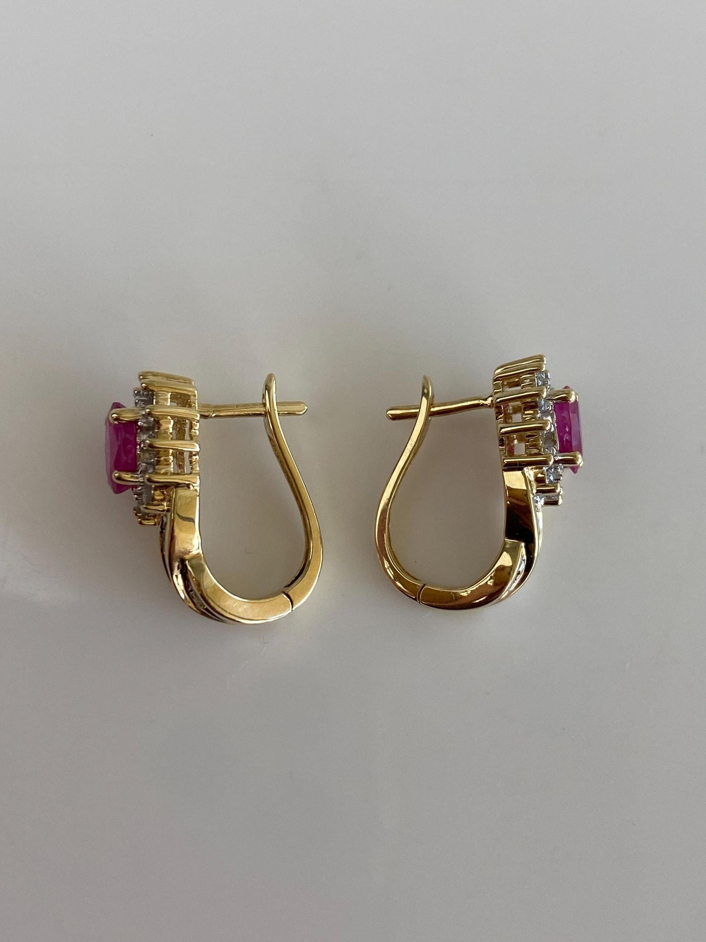 Vintage Solid 10k Yellow Gold Ruby Diamond Halo Drop Earrings