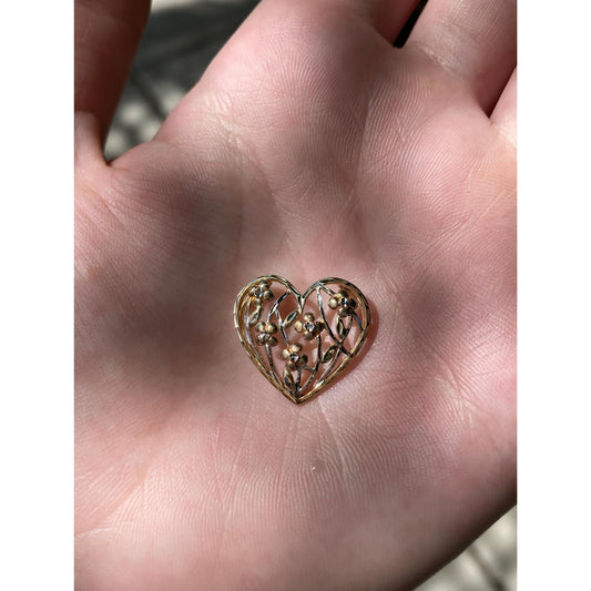 Vintage Solid 10k Tri Tone Gold Diamond Cut Flowers Heart Slide Charm