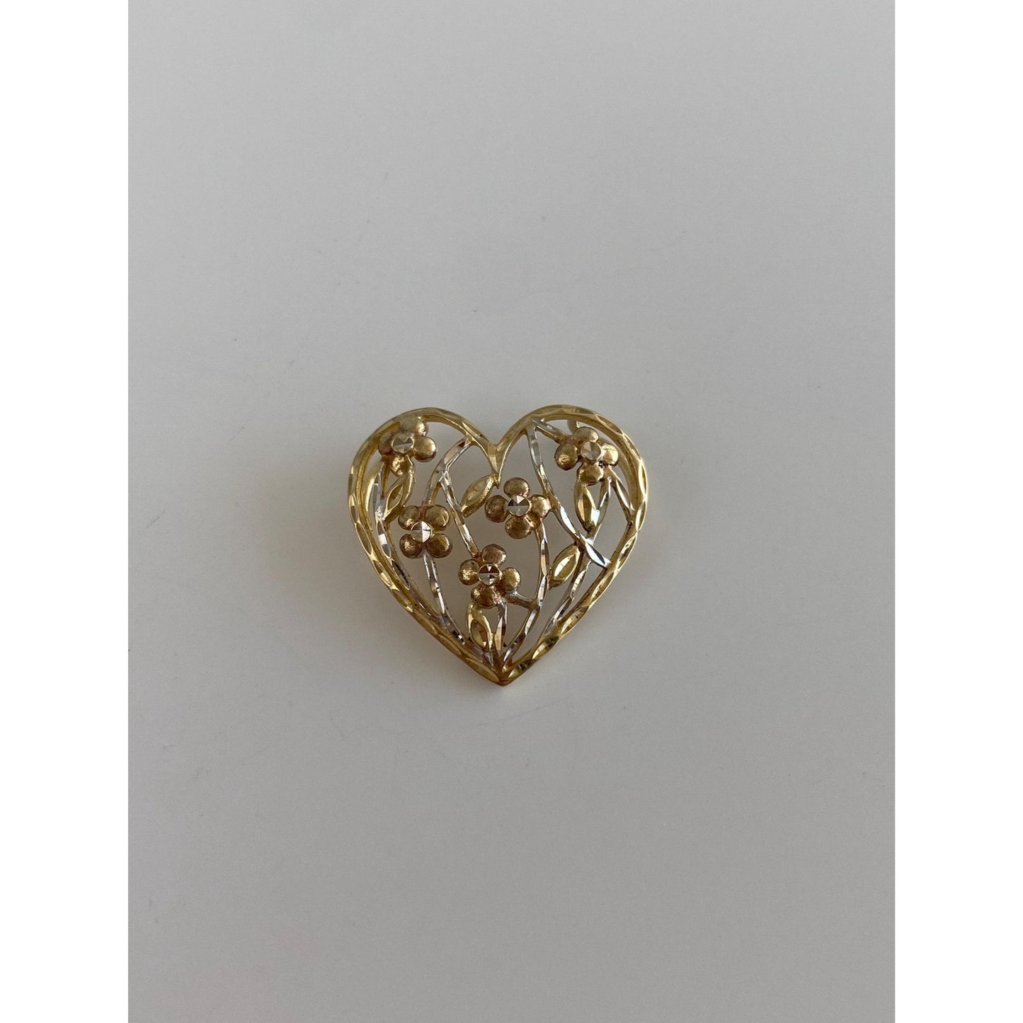 Vintage Solid 10k Tri Tone Gold Diamond Cut Flowers Heart Slide Charm