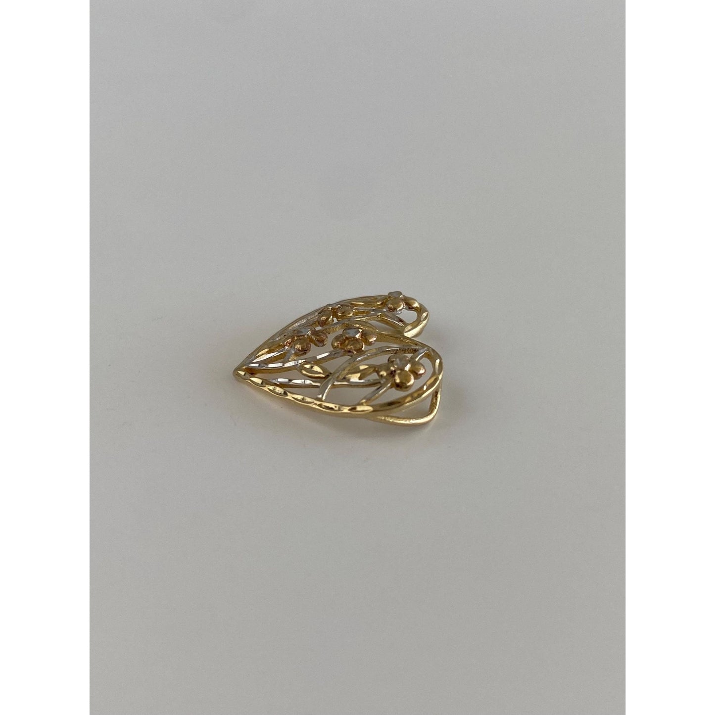 Vintage Solid 10k Tri Tone Gold Diamond Cut Flowers Heart Slide Charm