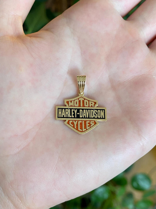 Vintage Solid 14k Yellow Gold Orange & Black Enamel Harley Davidson Charm