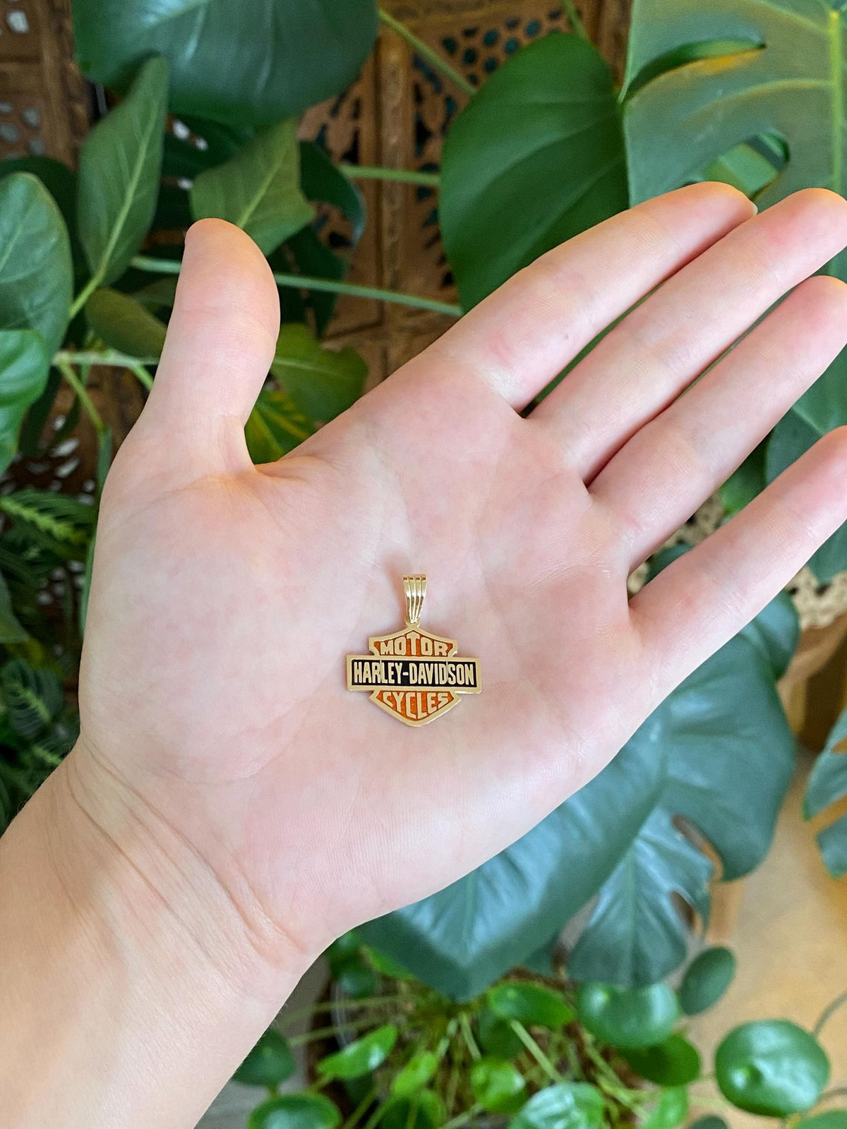 Vintage Solid 14k Yellow Gold Orange & Black Enamel Harley Davidson Charm