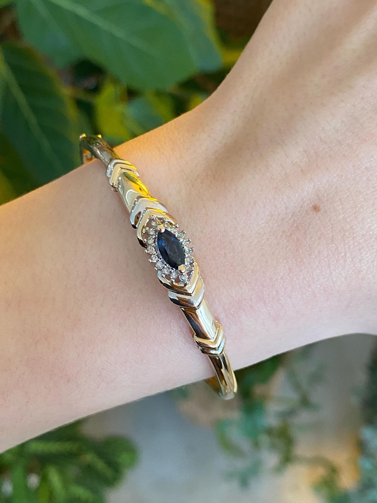 Vintage Solid 10k White & Yellow Gold Diamond Blue Sapphire Bangle Bracelet