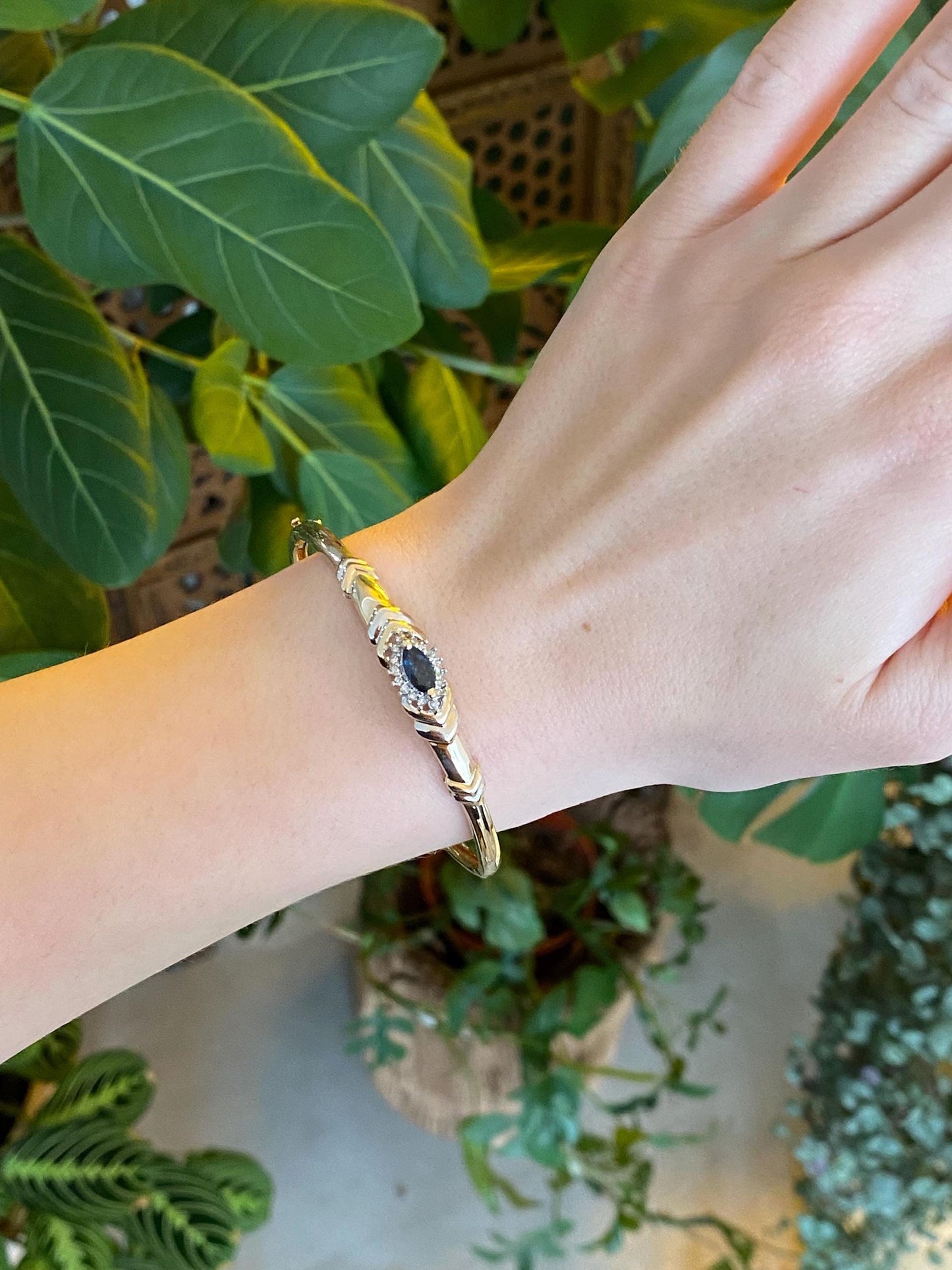 Vintage Solid 10k White & Yellow Gold Diamond Blue Sapphire Bangle Bracelet