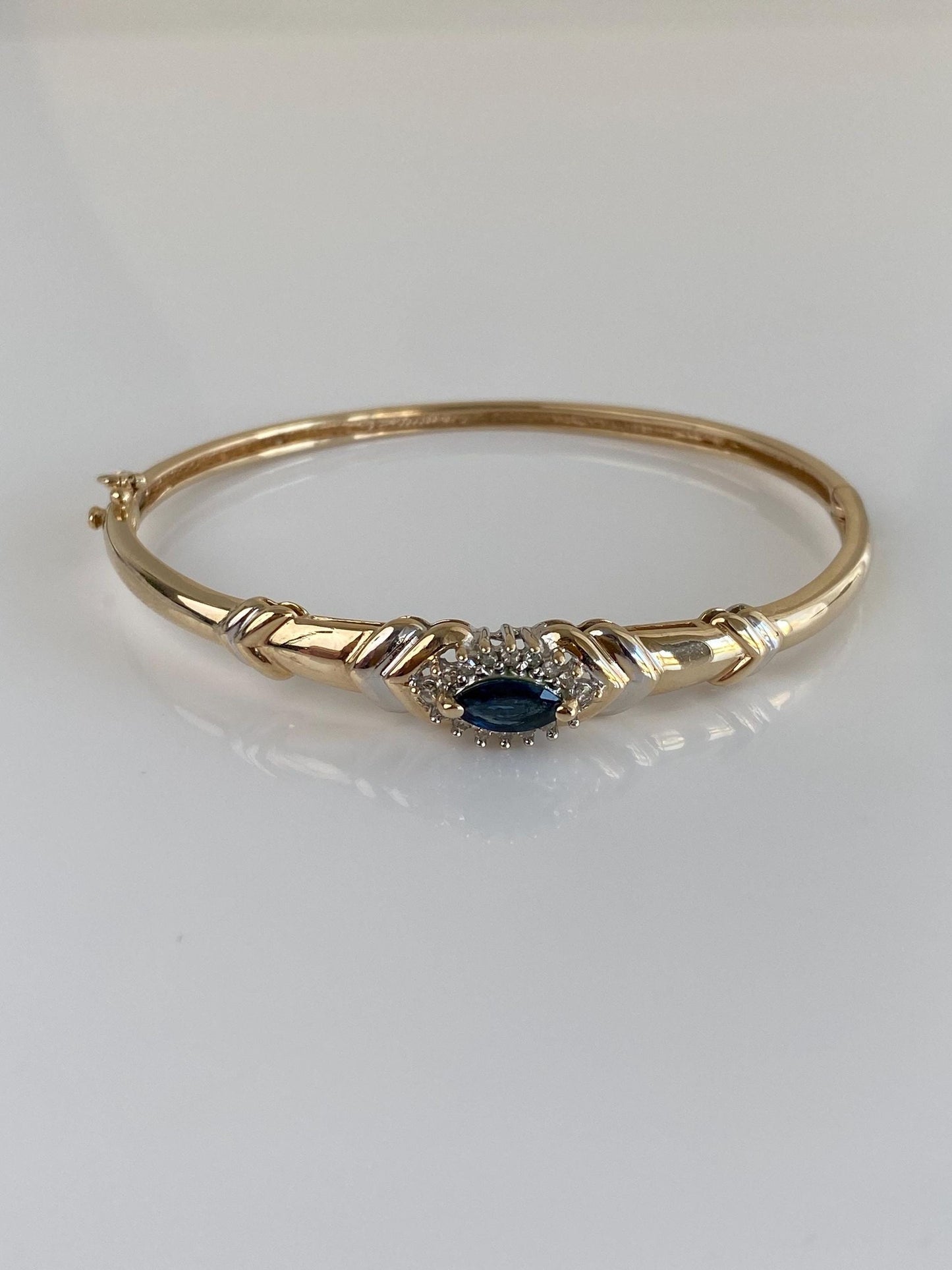 Vintage Solid 10k White & Yellow Gold Diamond Blue Sapphire Bangle Bracelet