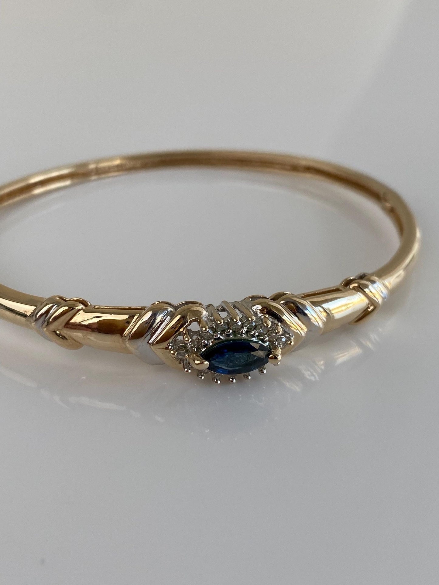 Vintage Solid 10k White & Yellow Gold Diamond Blue Sapphire Bangle Bracelet