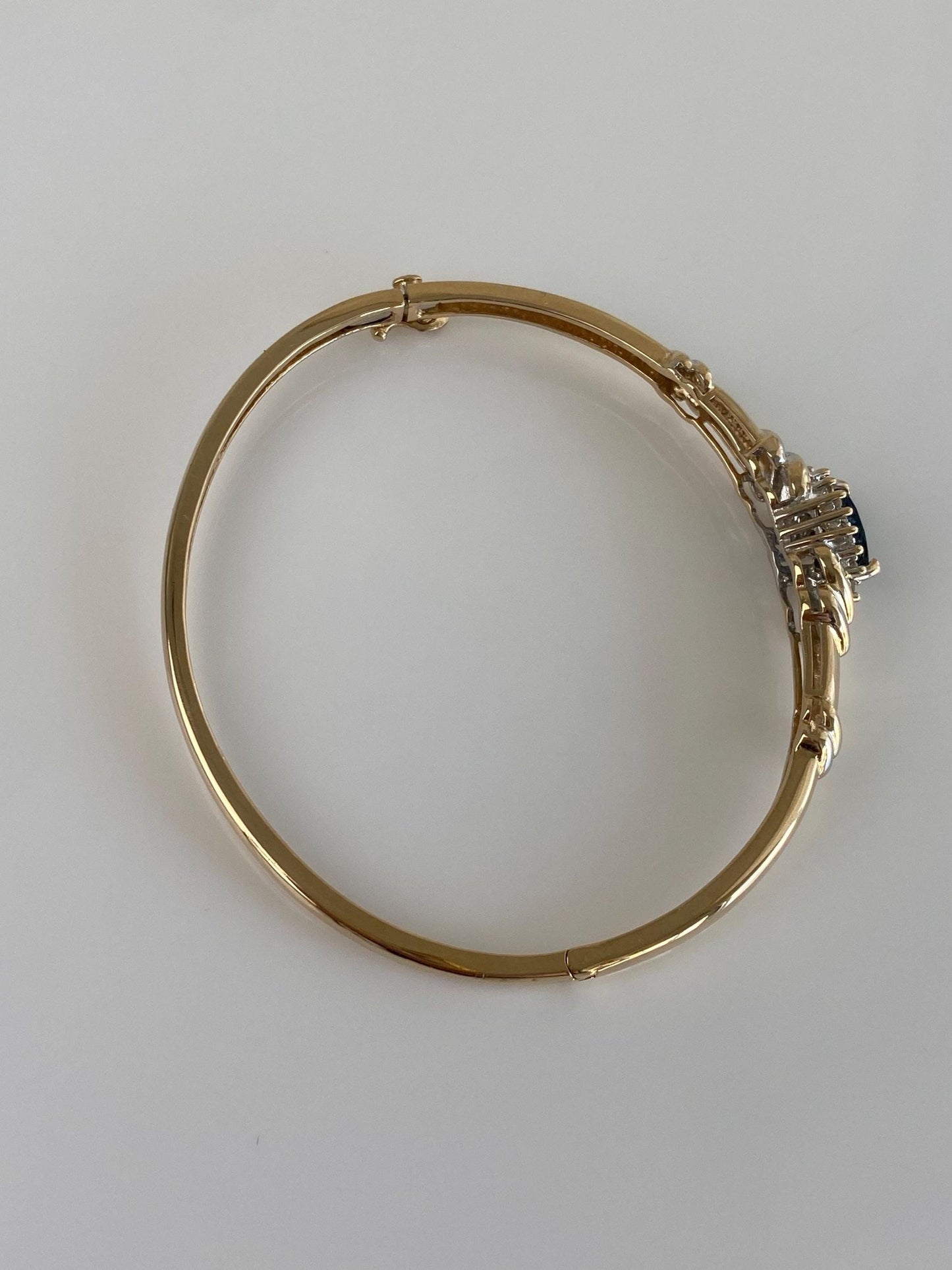 Vintage Solid 10k White & Yellow Gold Diamond Blue Sapphire Bangle Bracelet
