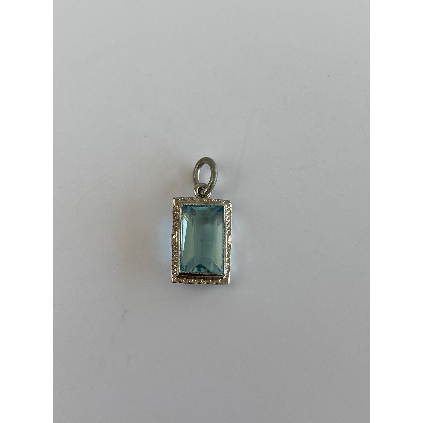 Vintage Solid 10k White Gold Blue Cubic Zirconia Art Deco Charm