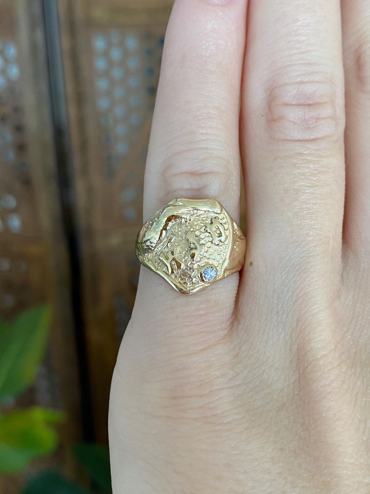 Vintage Solid 14k Yellow Gold Diamond Monogram Ring - Size 4.5