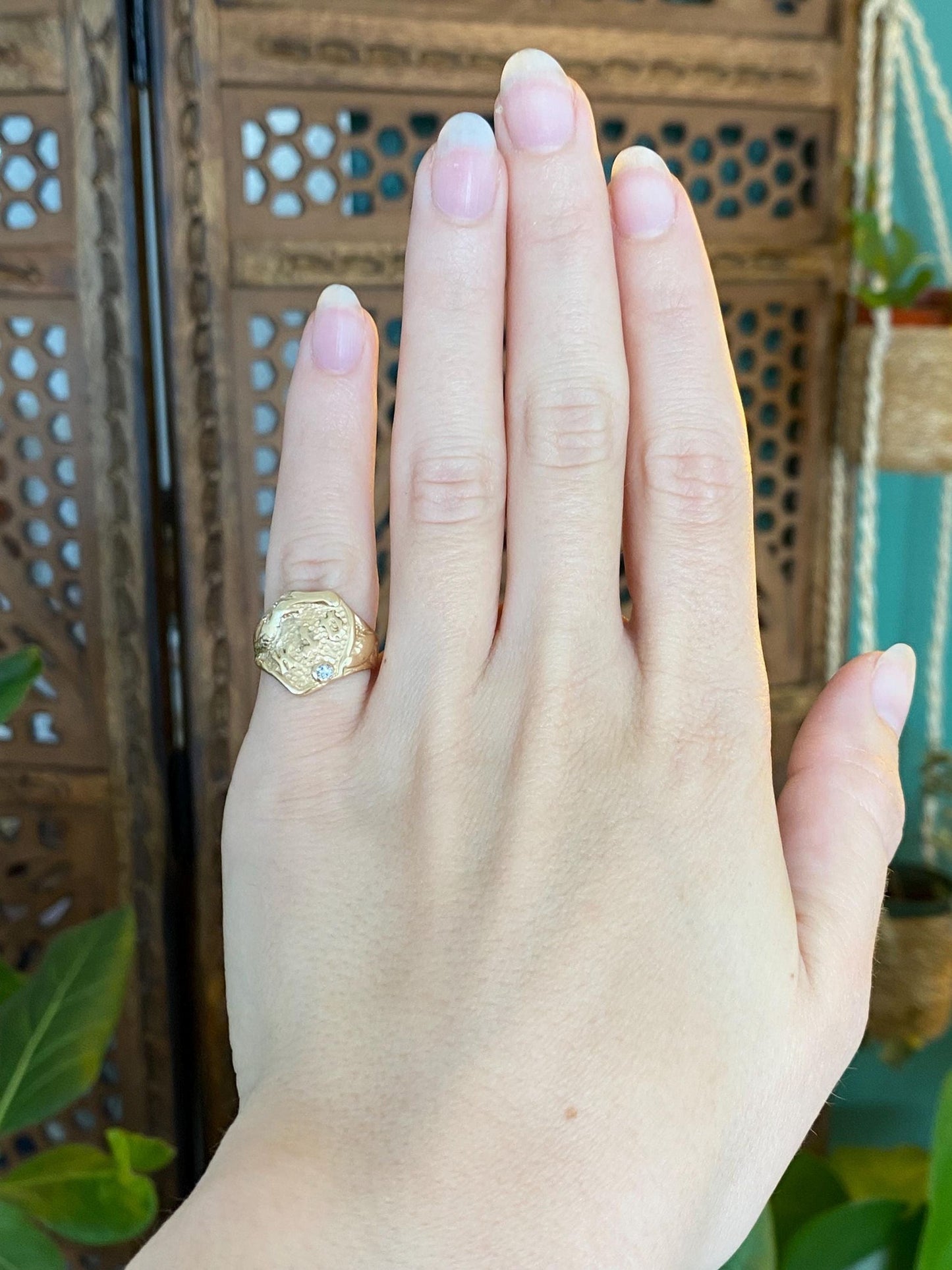 Vintage Solid 14k Yellow Gold Diamond Monogram Ring - Size 4.5