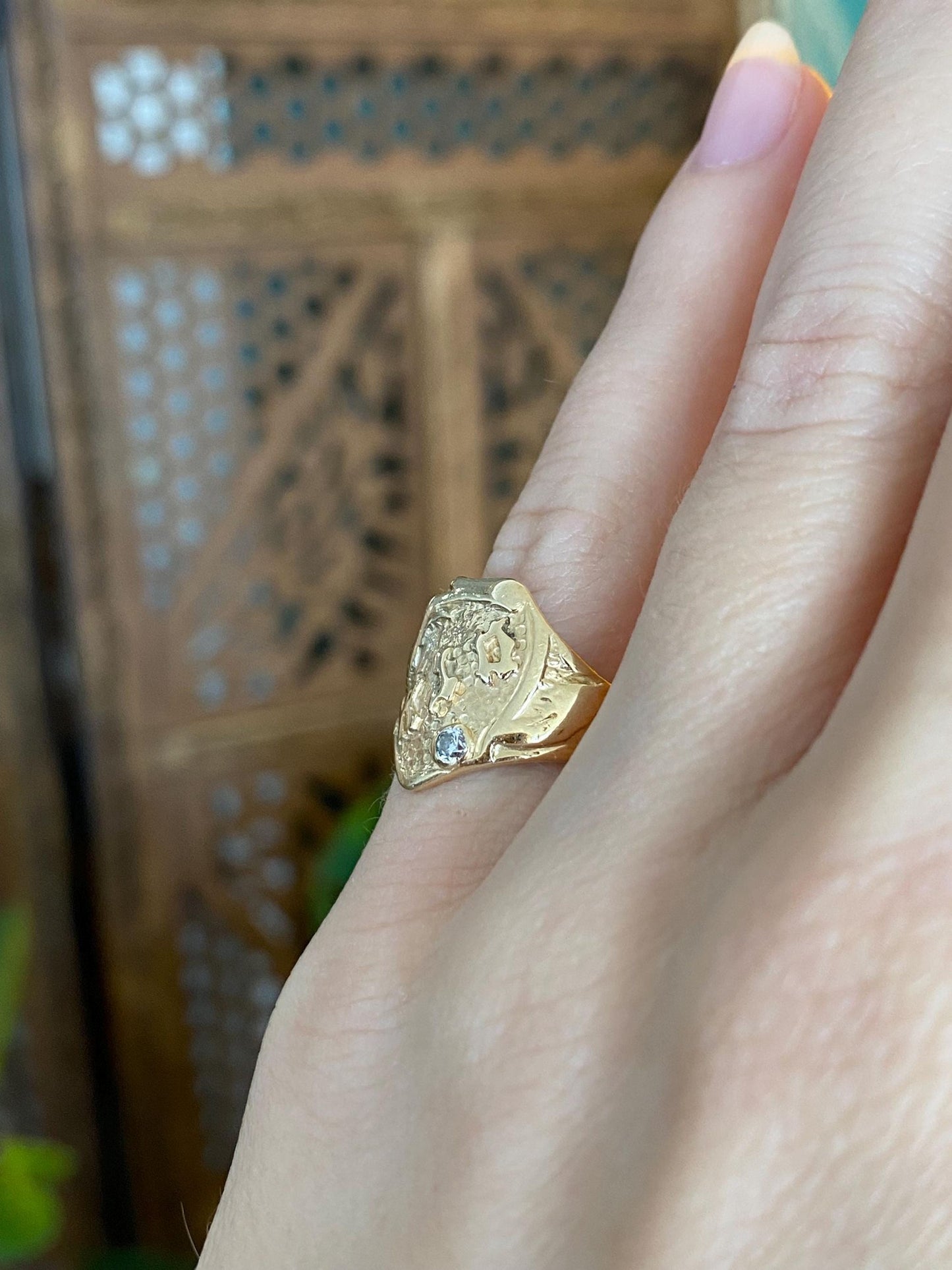 Vintage Solid 14k Yellow Gold Diamond Monogram Ring - Size 4.5